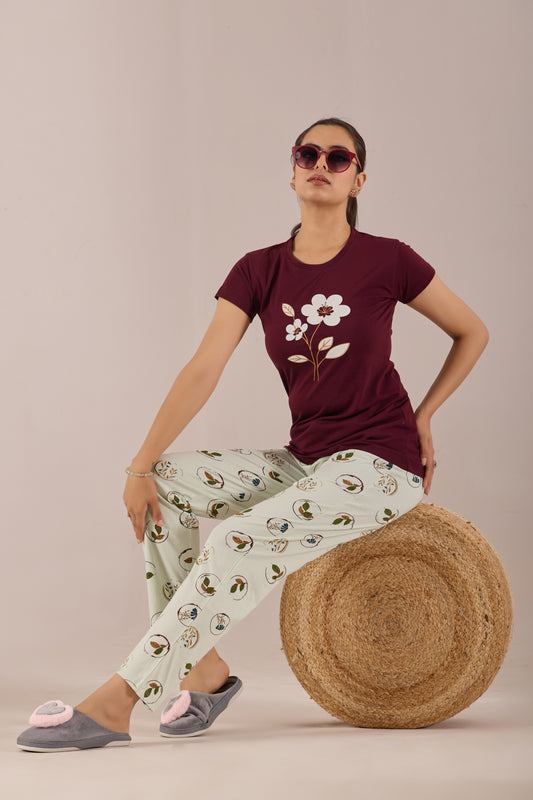 WINE PEARL FLOWER LOUNGE WEAR