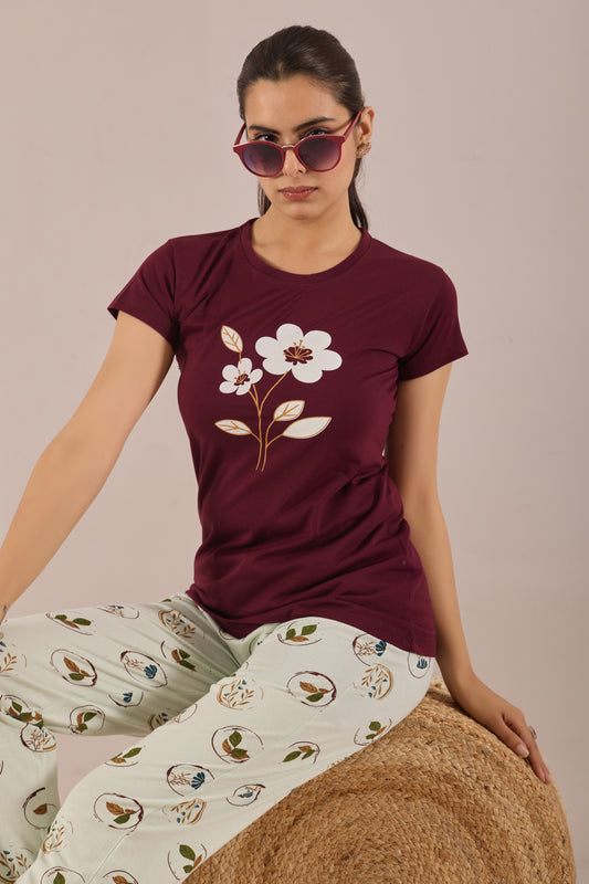 WINE PEARL FLOWER LOUNGE WEAR