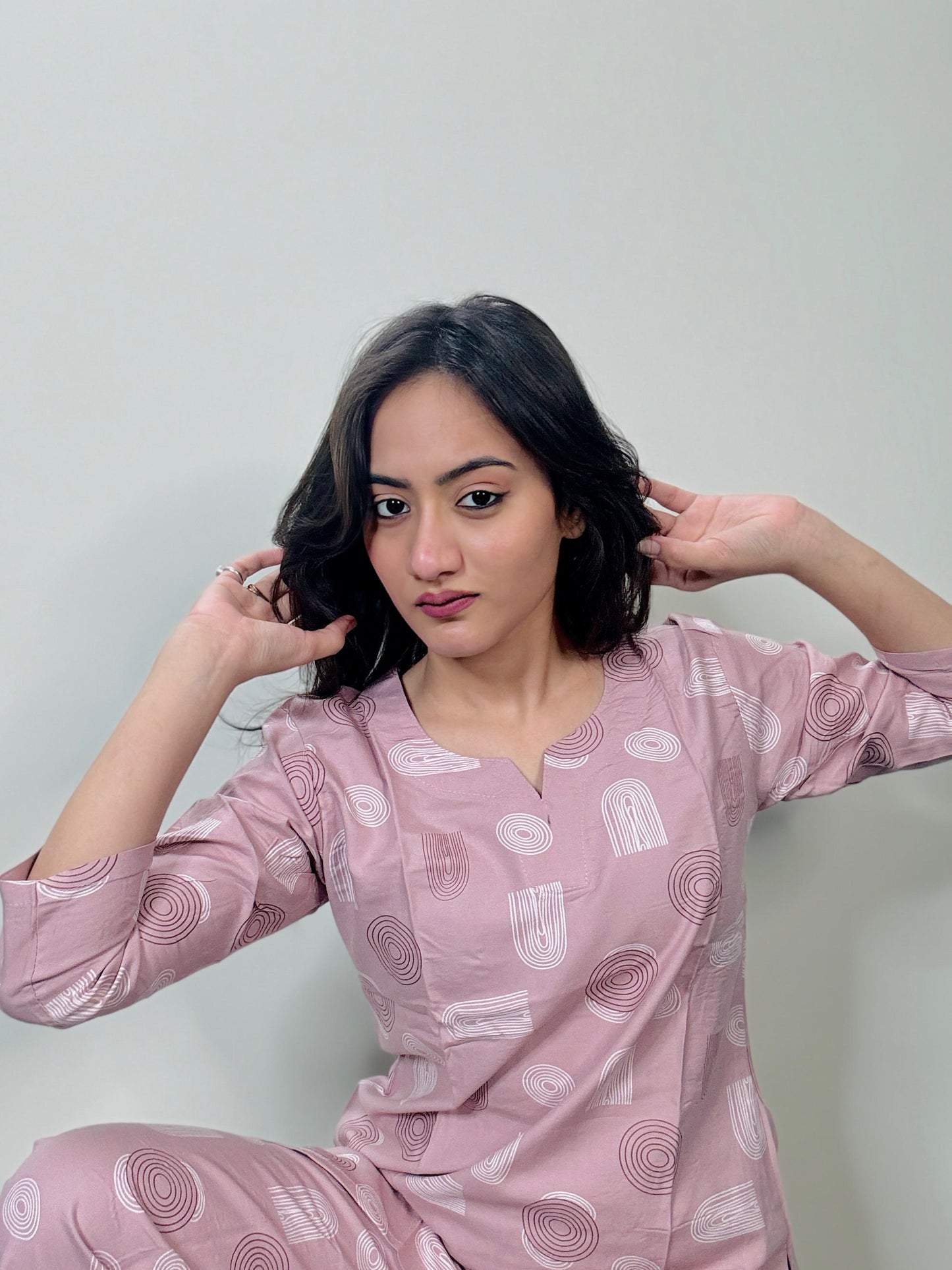 PASTEL PINK GEOMETRIC PRINT RAYON CO-ORD SET