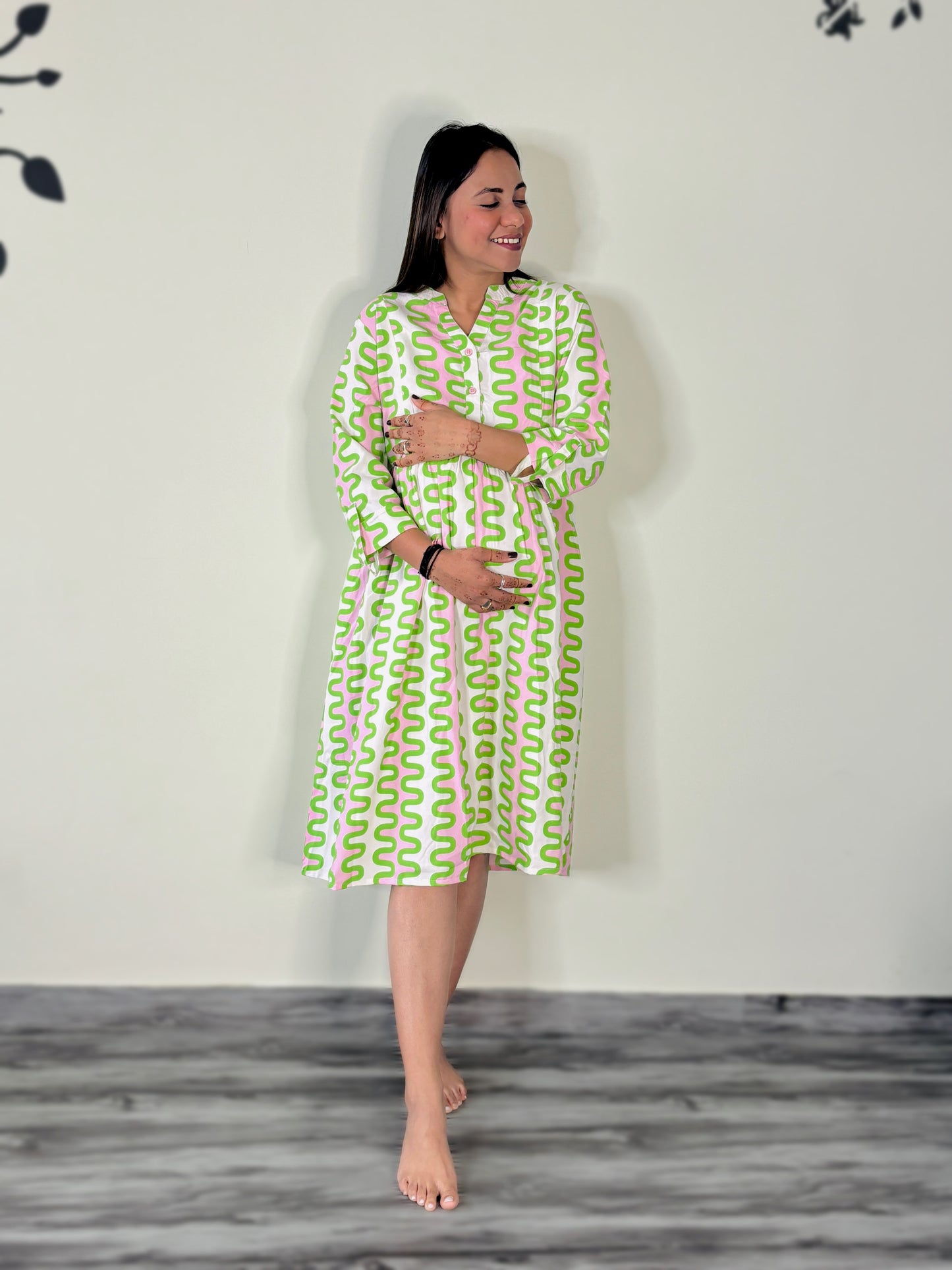 PINK GREEN ZICK-ZACK MATERNITY DRESS (TWO ZIP)