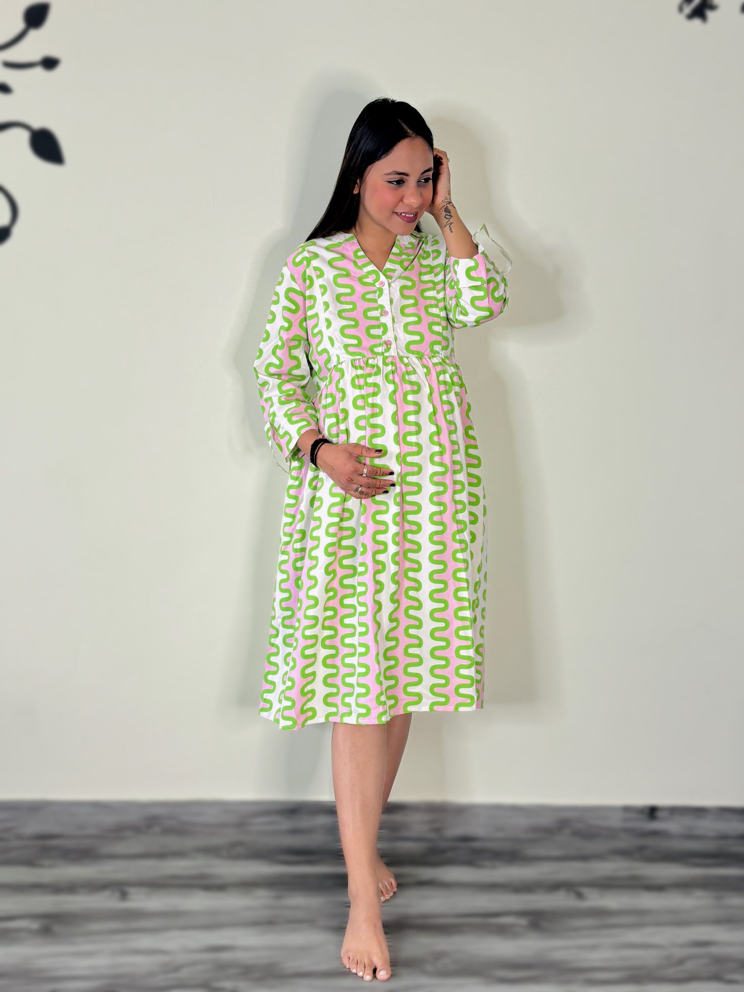 PINK GREEN ZICK-ZACK MATERNITY DRESS (TWO ZIP)