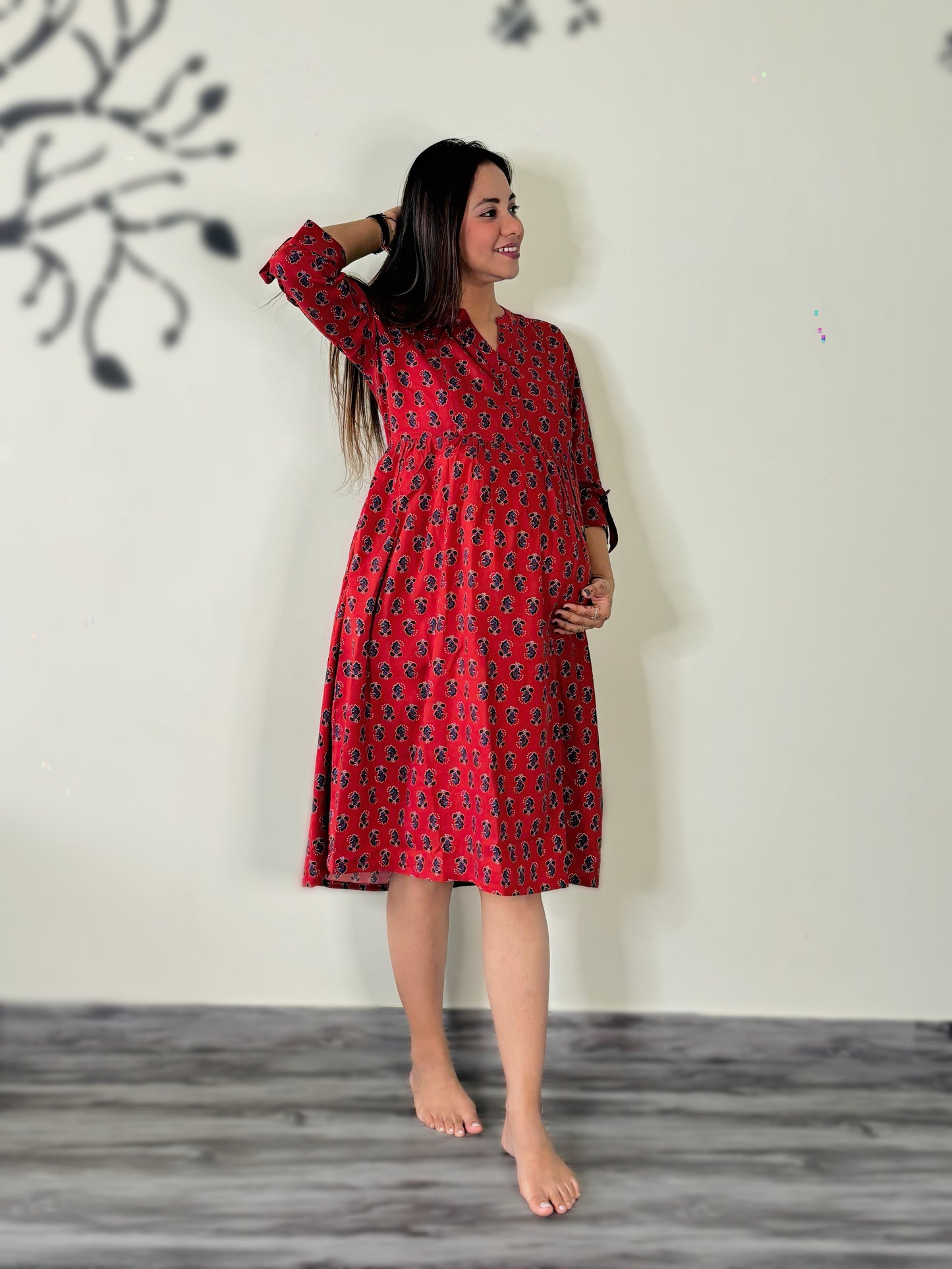 RED ALL OVER BUTTA MATERNITY DRESS (TWO ZIP)