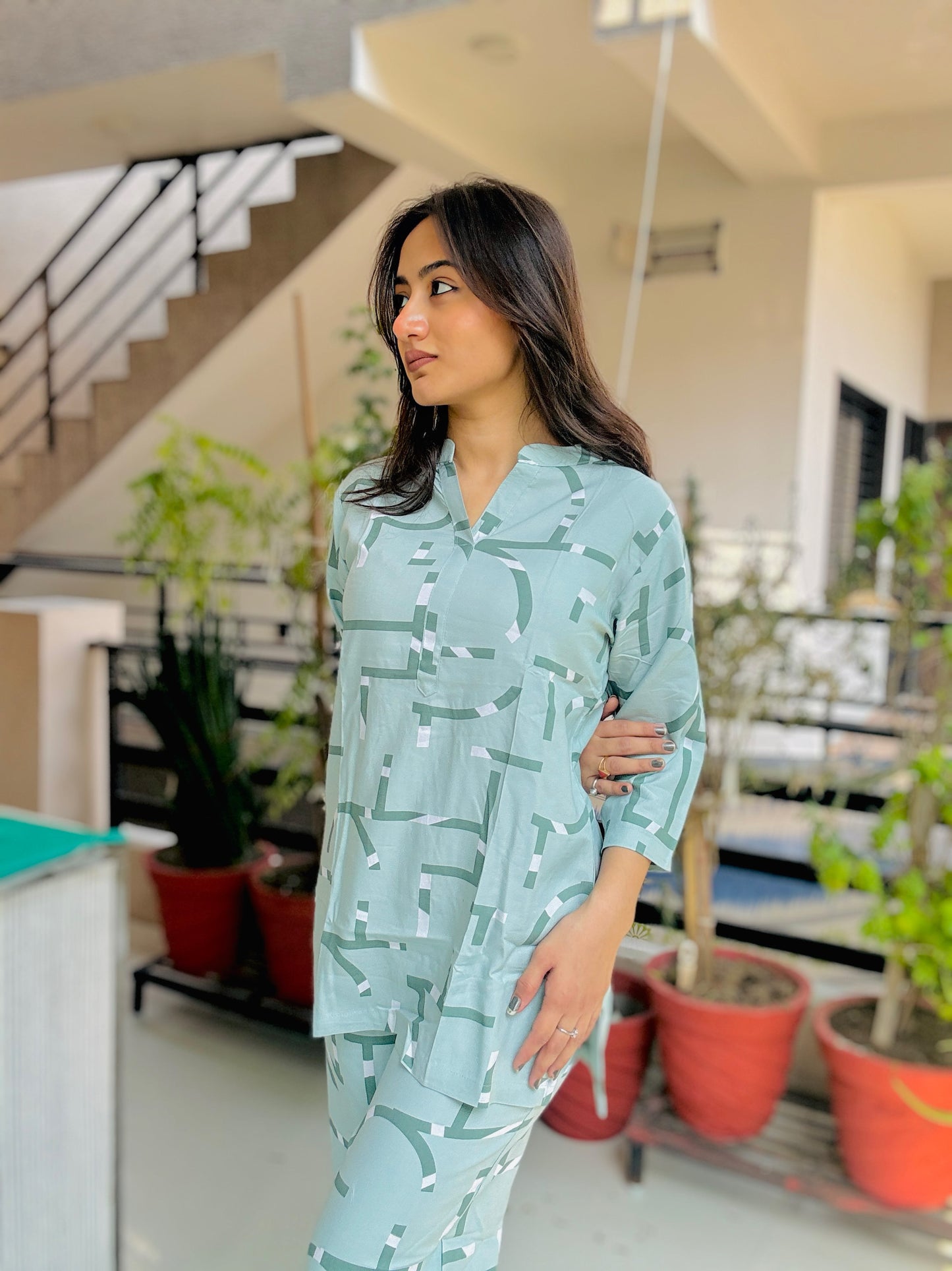 PASTEL GREEN GEOMETRIC PRINT RAYON CO-ORD SET