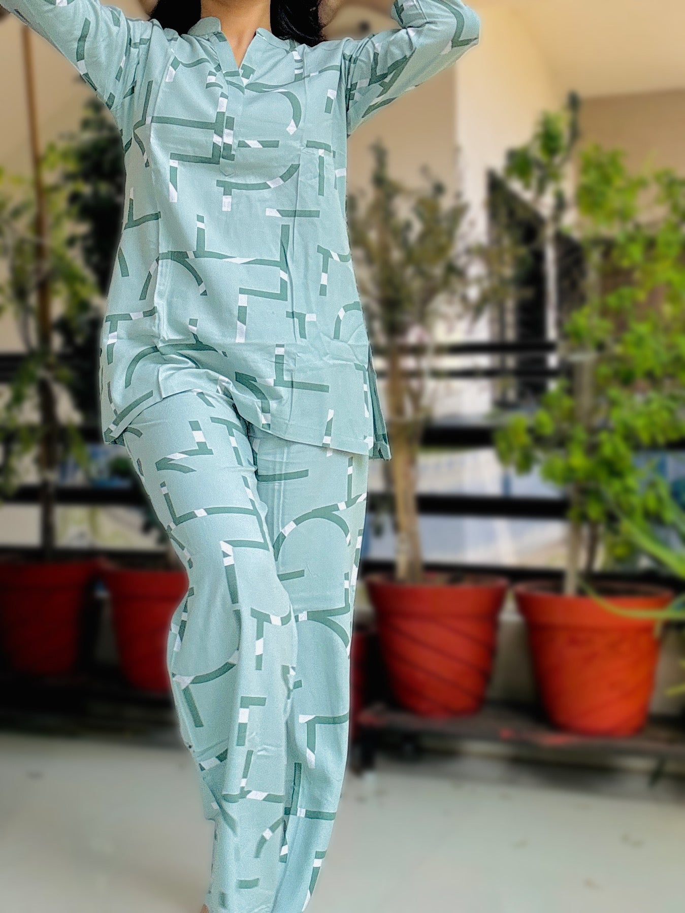 PASTEL GREEN GEOMETRIC PRINT RAYON CO-ORD SET