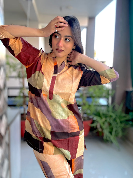 DIGITAL BROWN GEOMETRIC PRINT RAYON CO-ORD SET