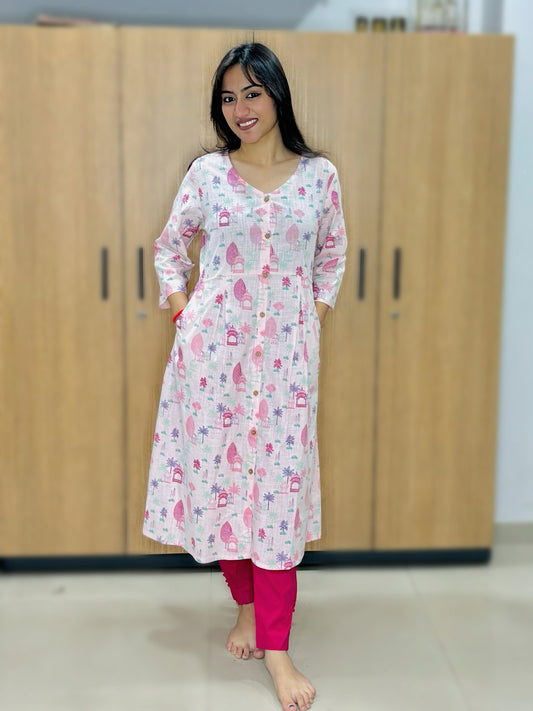 CANDY PINK PRINTED COTTON KURTI (Only Kurti)