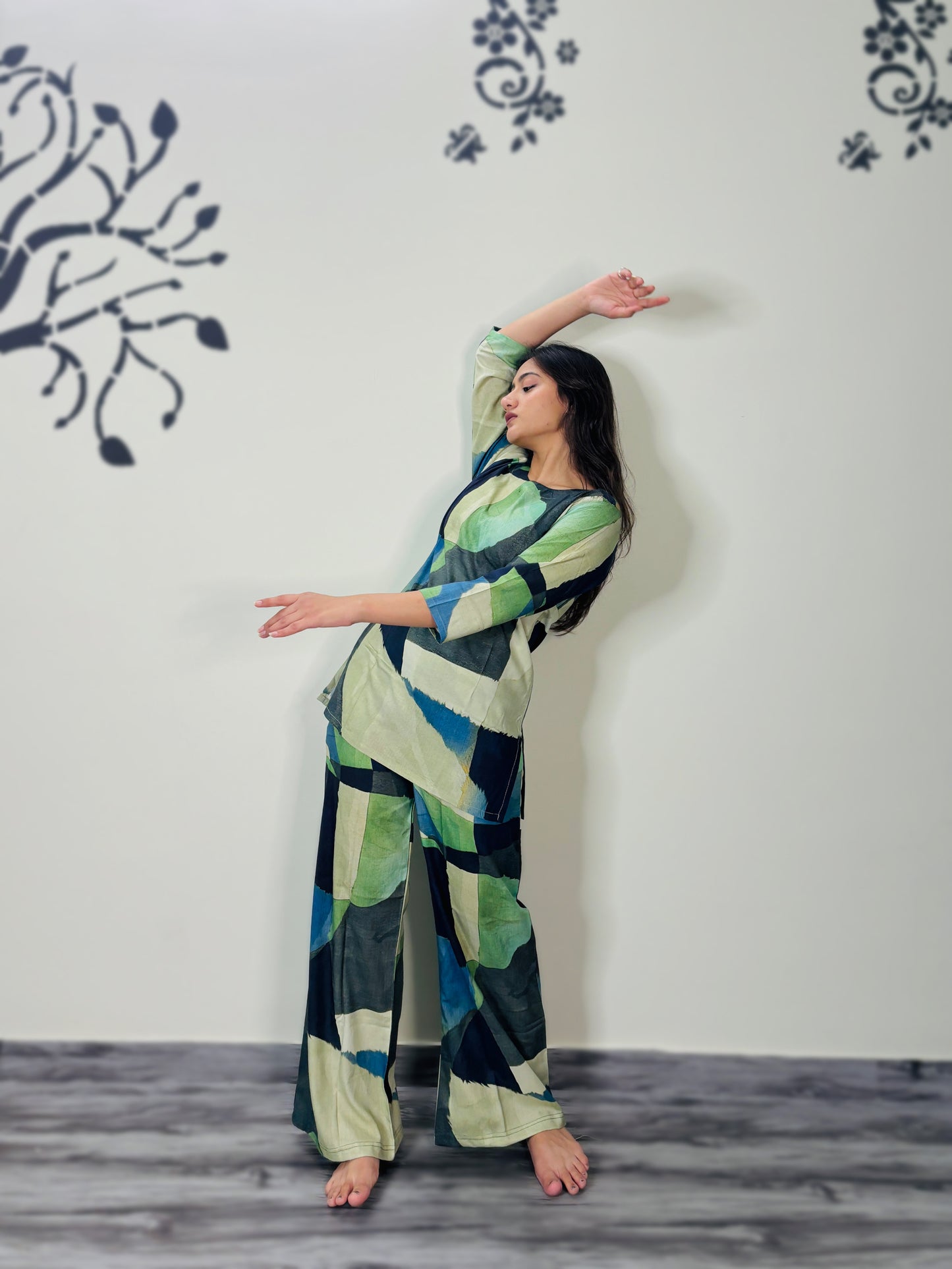 DIGITAL BOTTLE GREEN GEOMETRIC PRINT RAYON CO-ORD SET