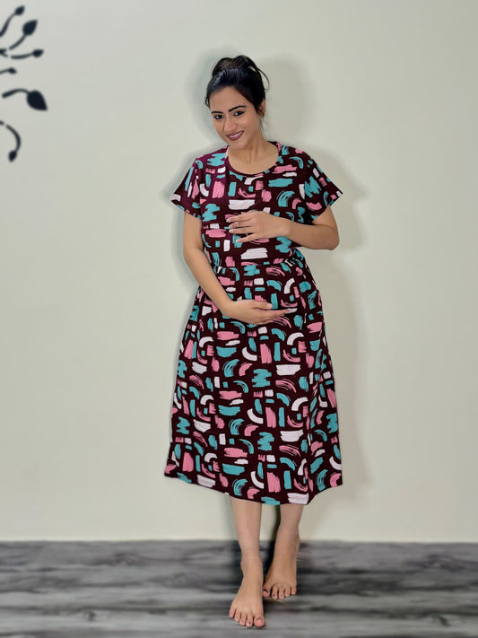 WINE ABSTRACT MATERNITY GOWN