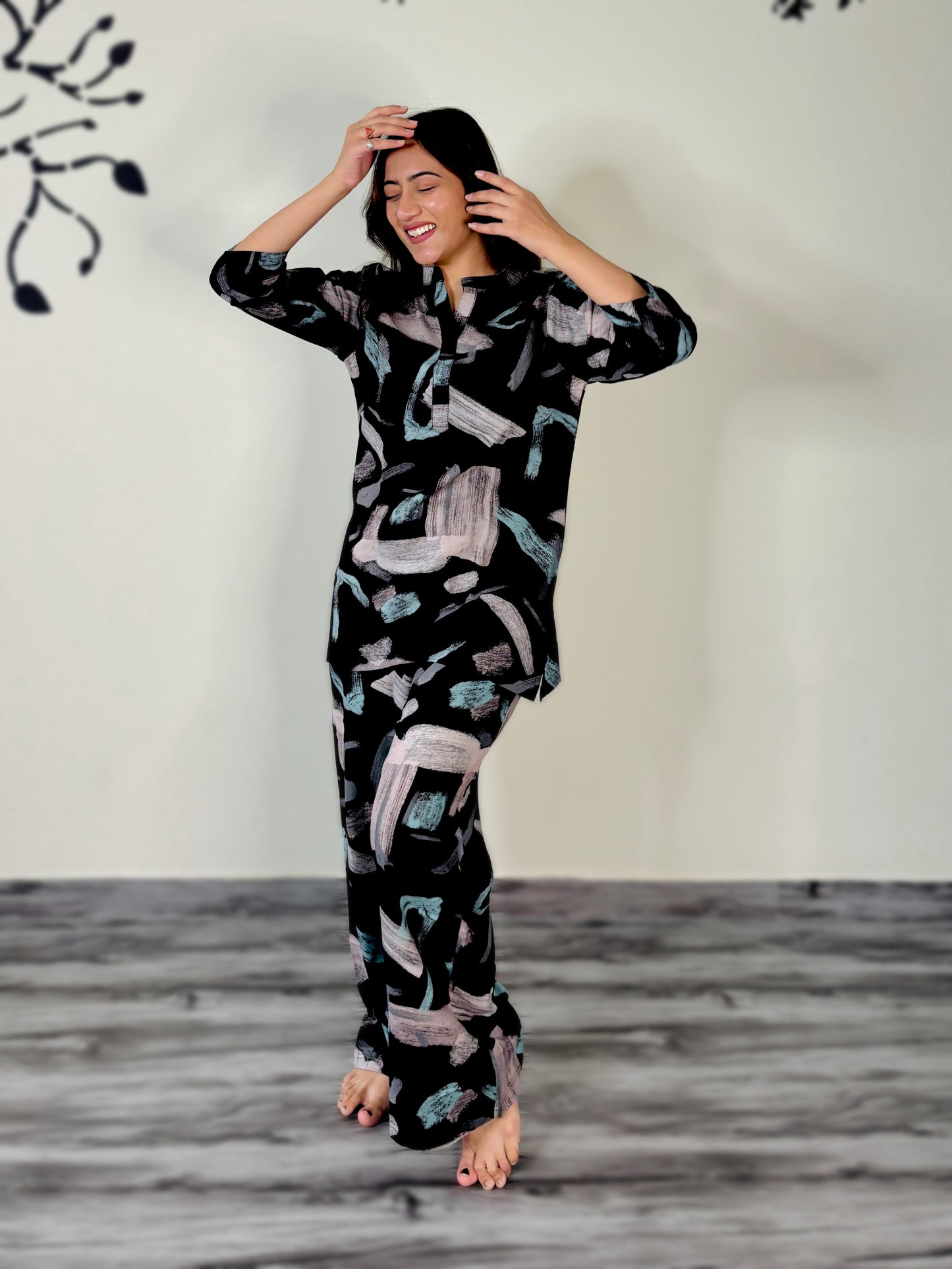 BLACK BRUSH PRINT RAYON CO-ORD SET