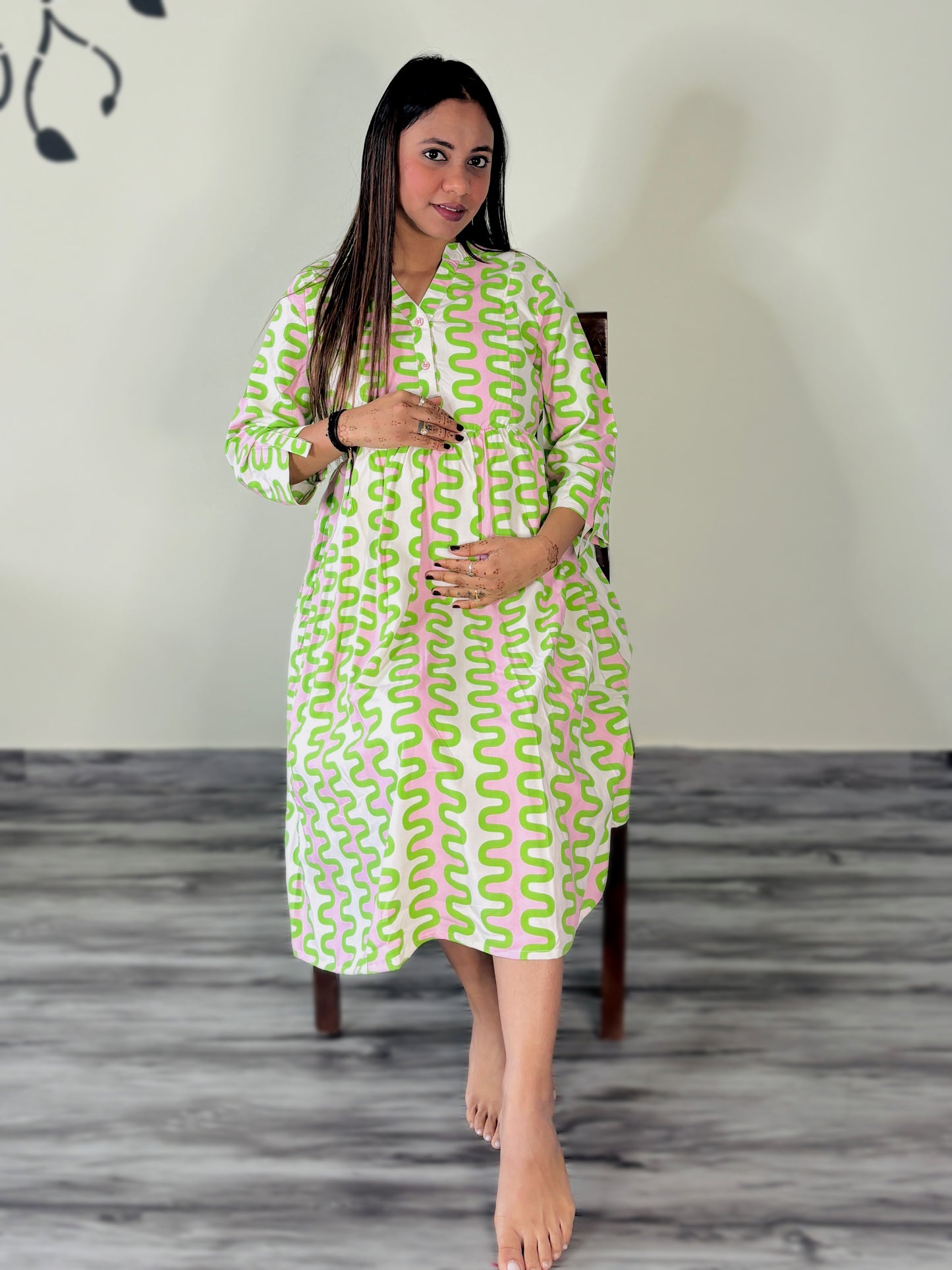 PINK GREEN ZICK-ZACK MATERNITY DRESS (TWO ZIP)