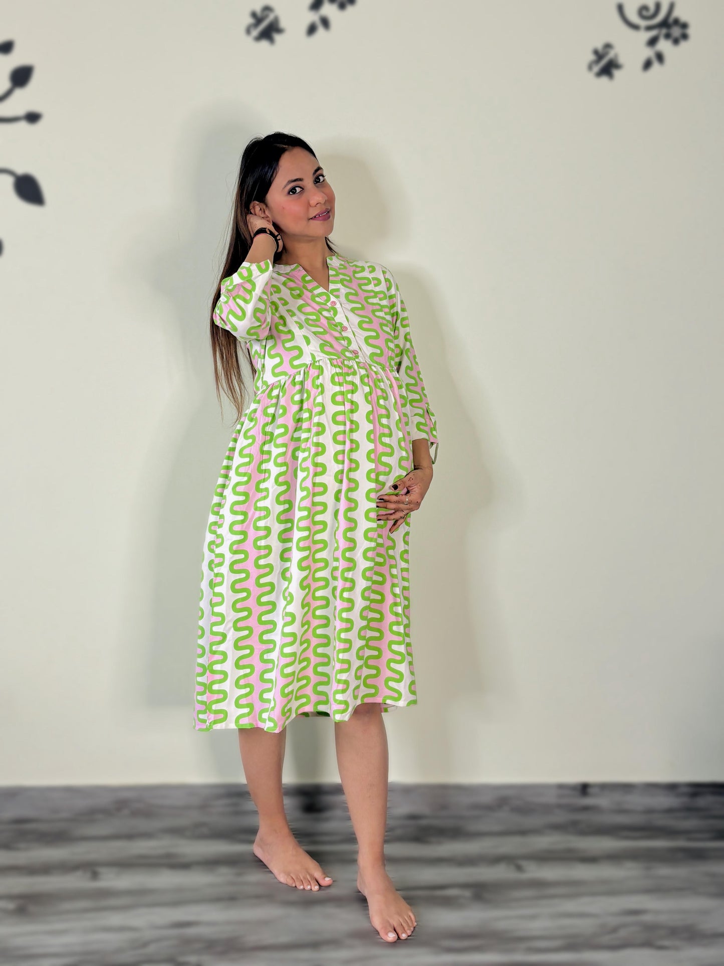 PINK GREEN ZICK-ZACK MATERNITY DRESS (TWO ZIP)