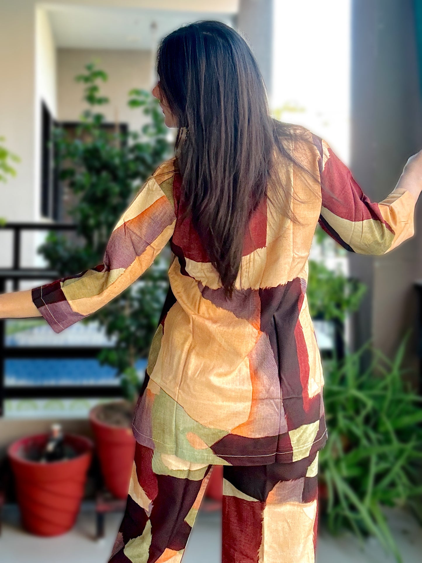 DIGITAL BROWN GEOMETRIC PRINT RAYON CO-ORD SET