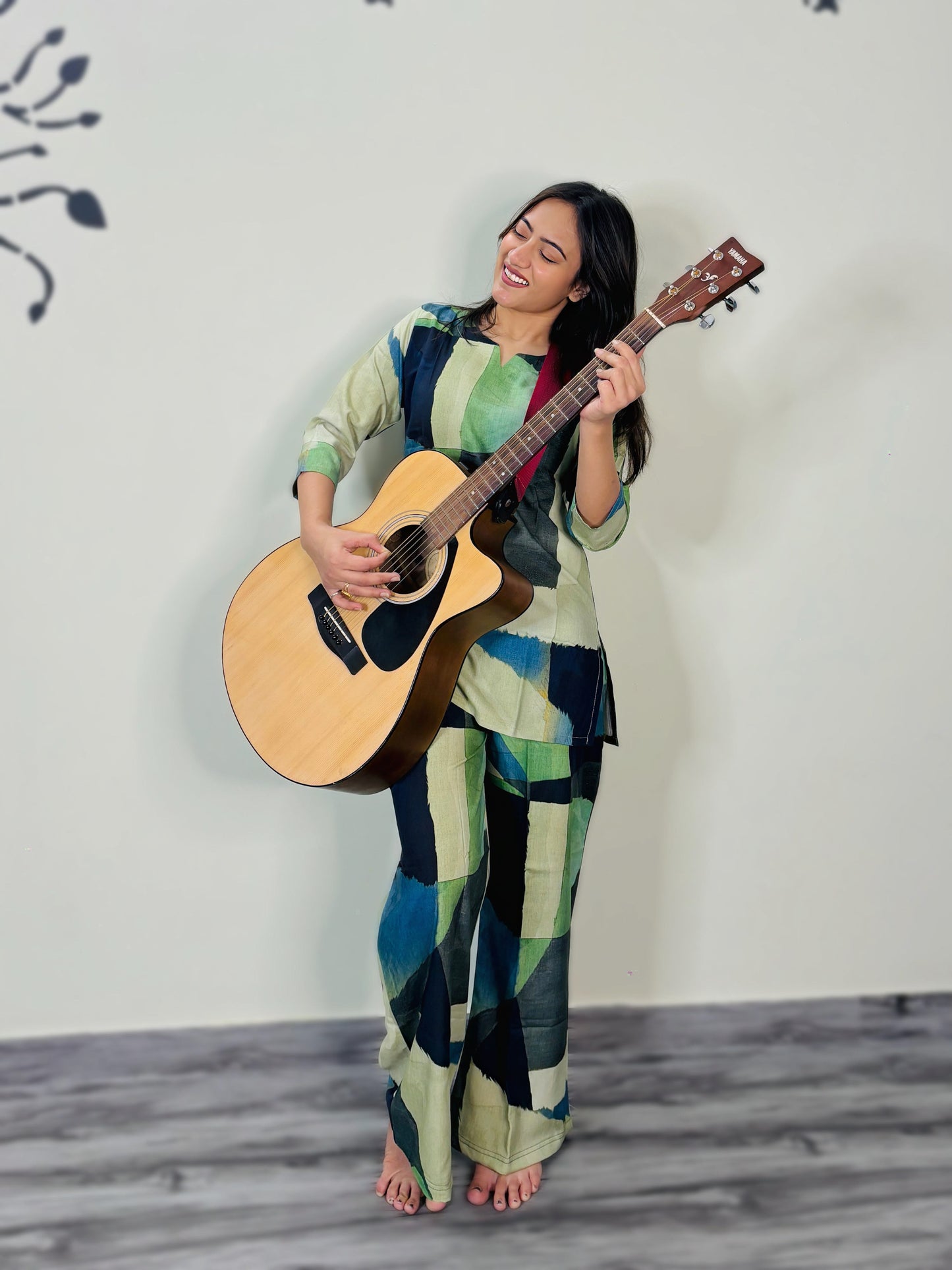 DIGITAL BOTTLE GREEN GEOMETRIC PRINT RAYON CO-ORD SET