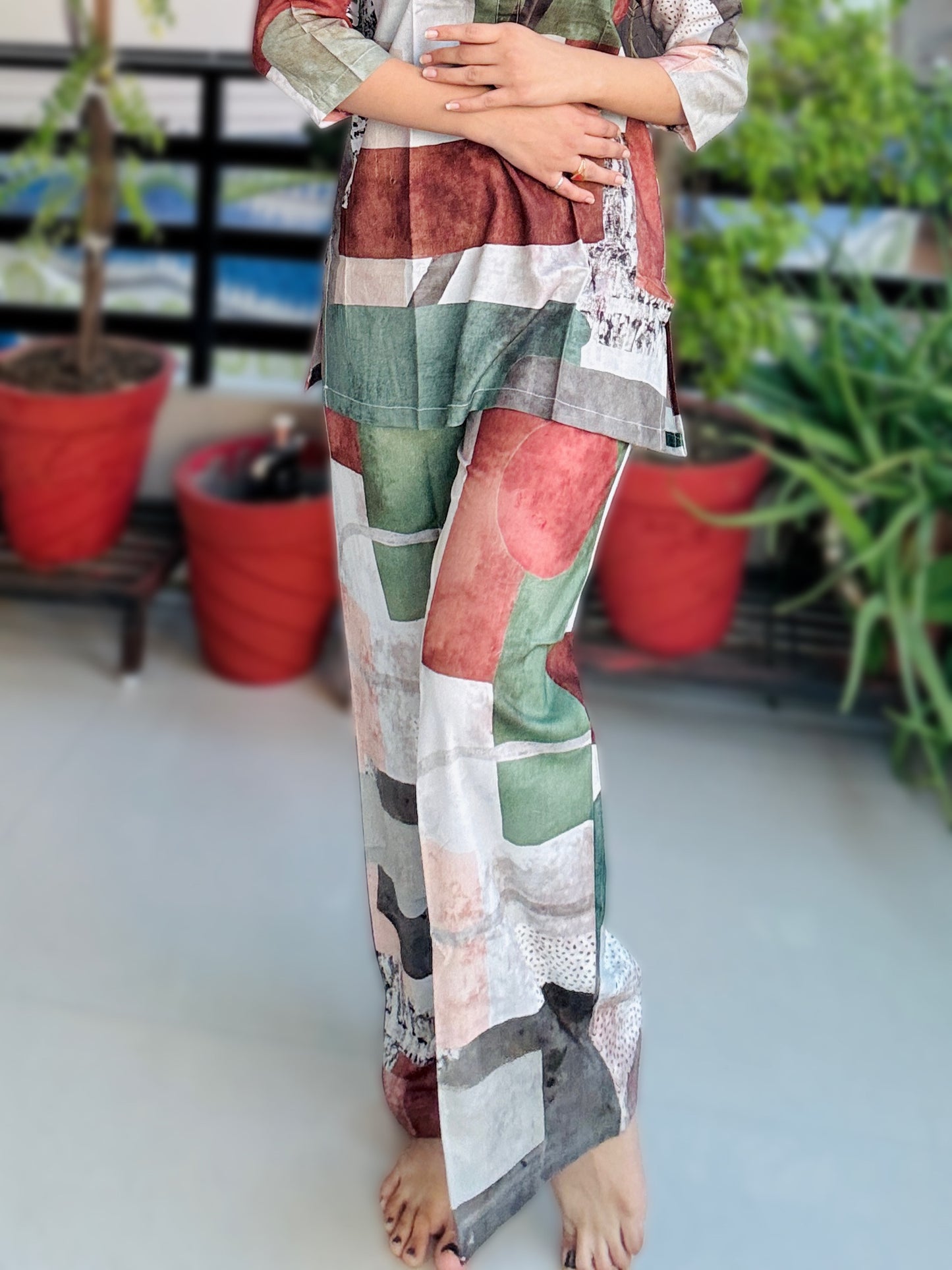 DIGITAL GREEN GEOMETRIC PRINT RAYON CO-ORD SET