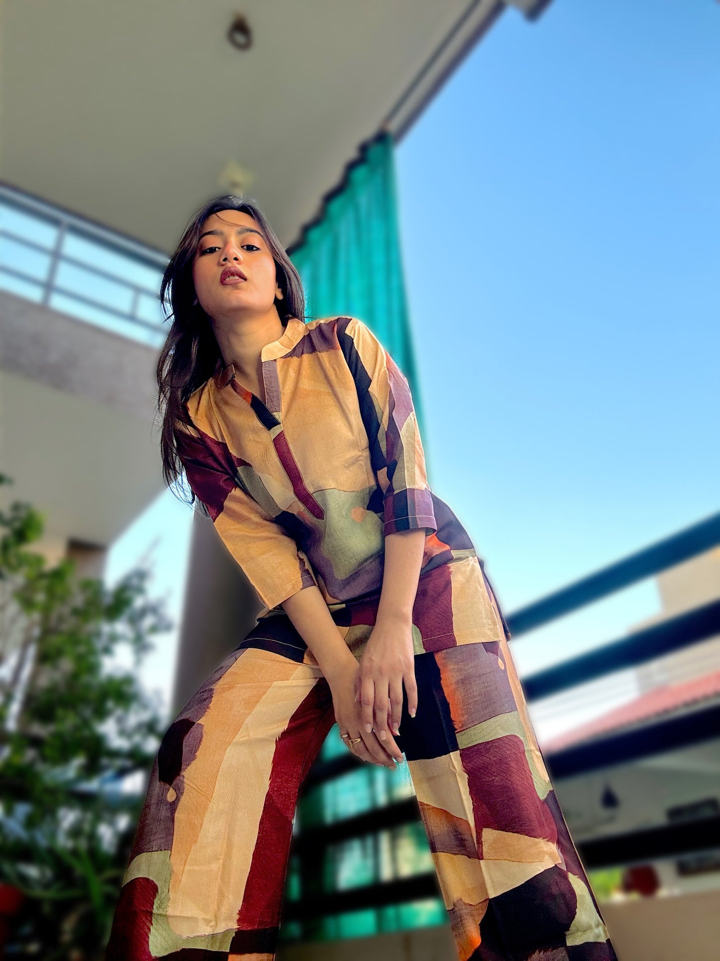DIGITAL BROWN GEOMETRIC PRINT RAYON CO-ORD SET