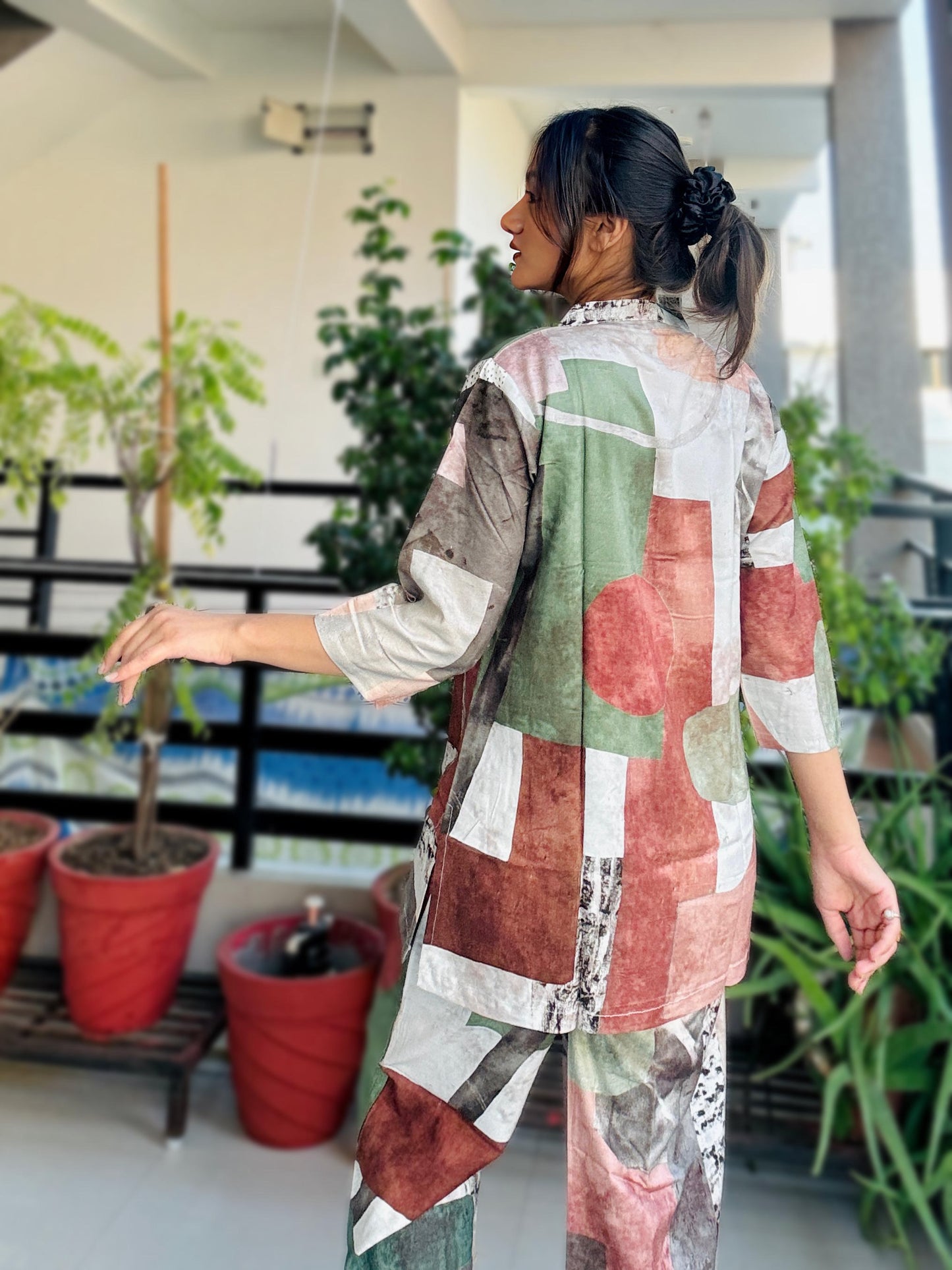 DIGITAL GREEN GEOMETRIC PRINT RAYON CO-ORD SET