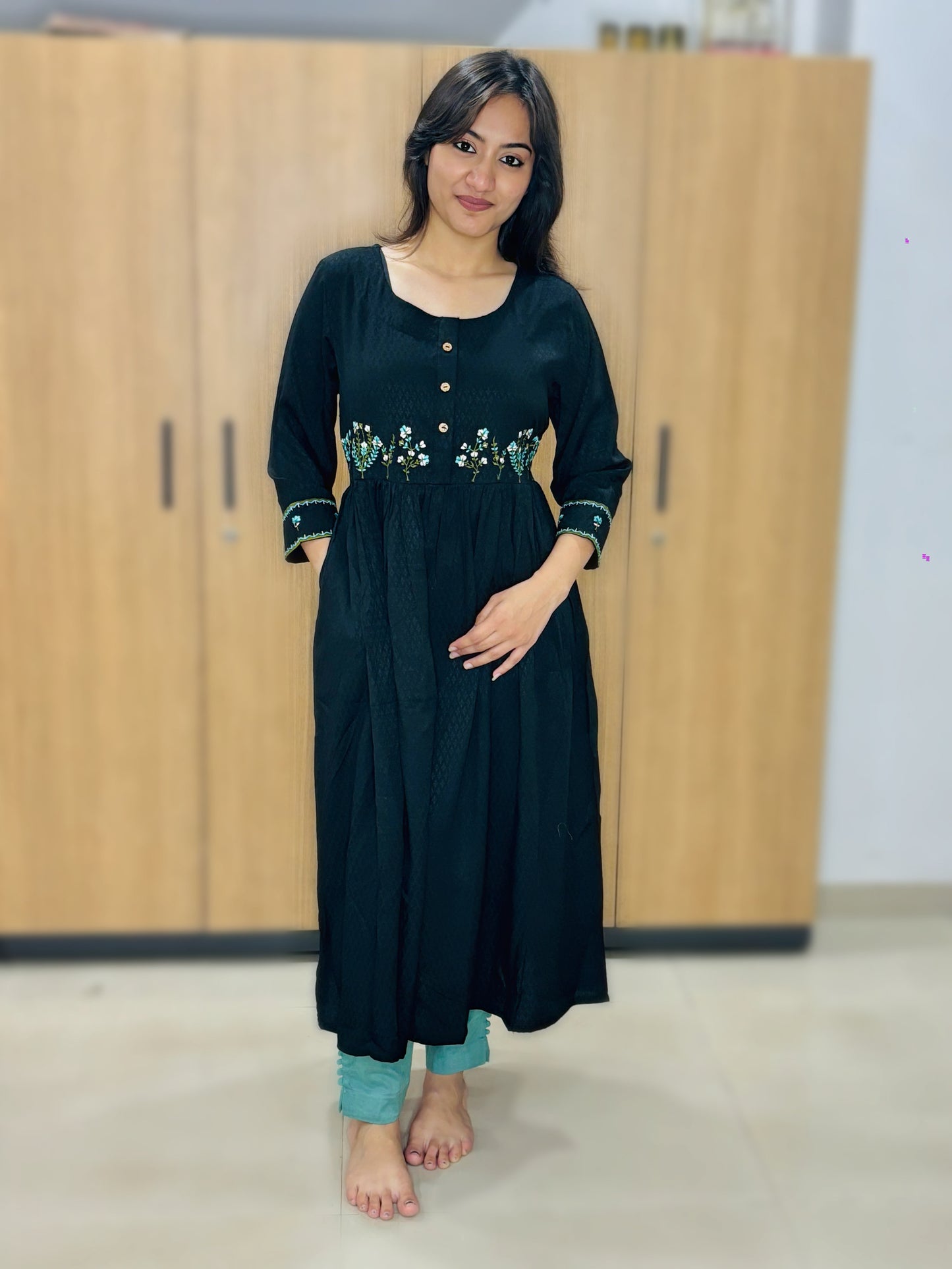 BLACK RAMA FLOWER EMBROIDERY KURTI (Only Kurti)