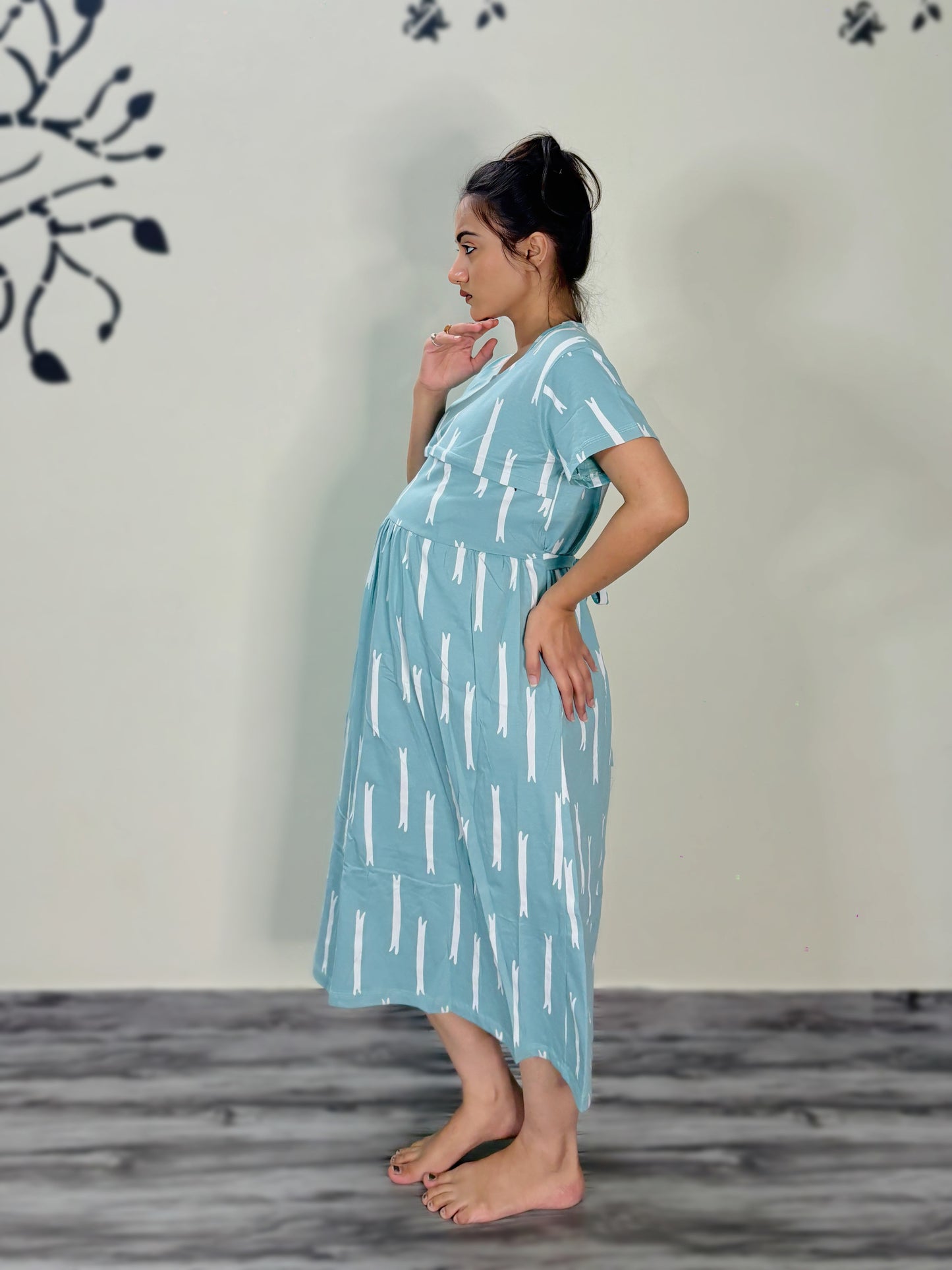 SKY BLUE STRIPES MATERNITY GOWN