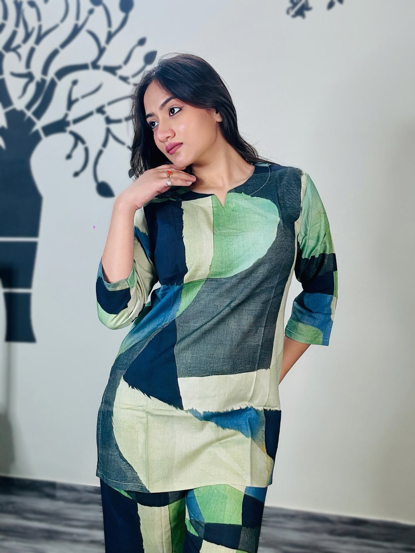 DIGITAL BOTTLE GREEN GEOMETRIC PRINT RAYON CO-ORD SET