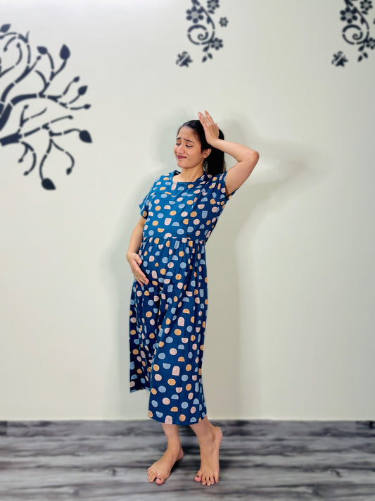 BLUE POLKA MATERNITY GOWN