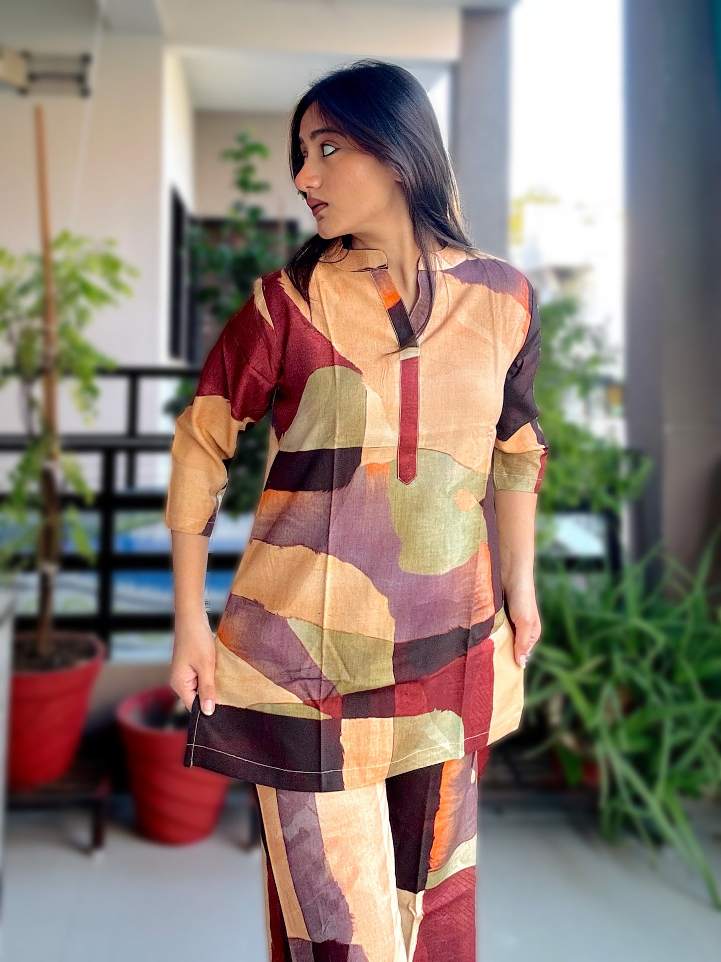 DIGITAL BROWN GEOMETRIC PRINT RAYON CO-ORD SET