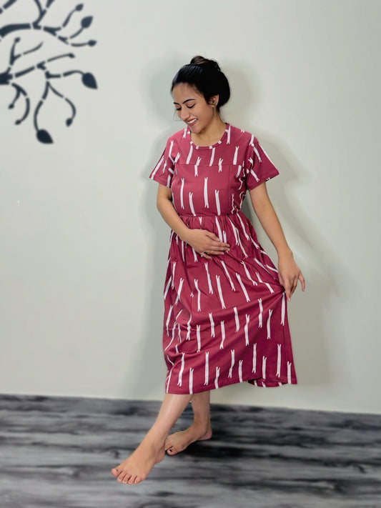 CORAL STRIPES MATERNITY GOWN