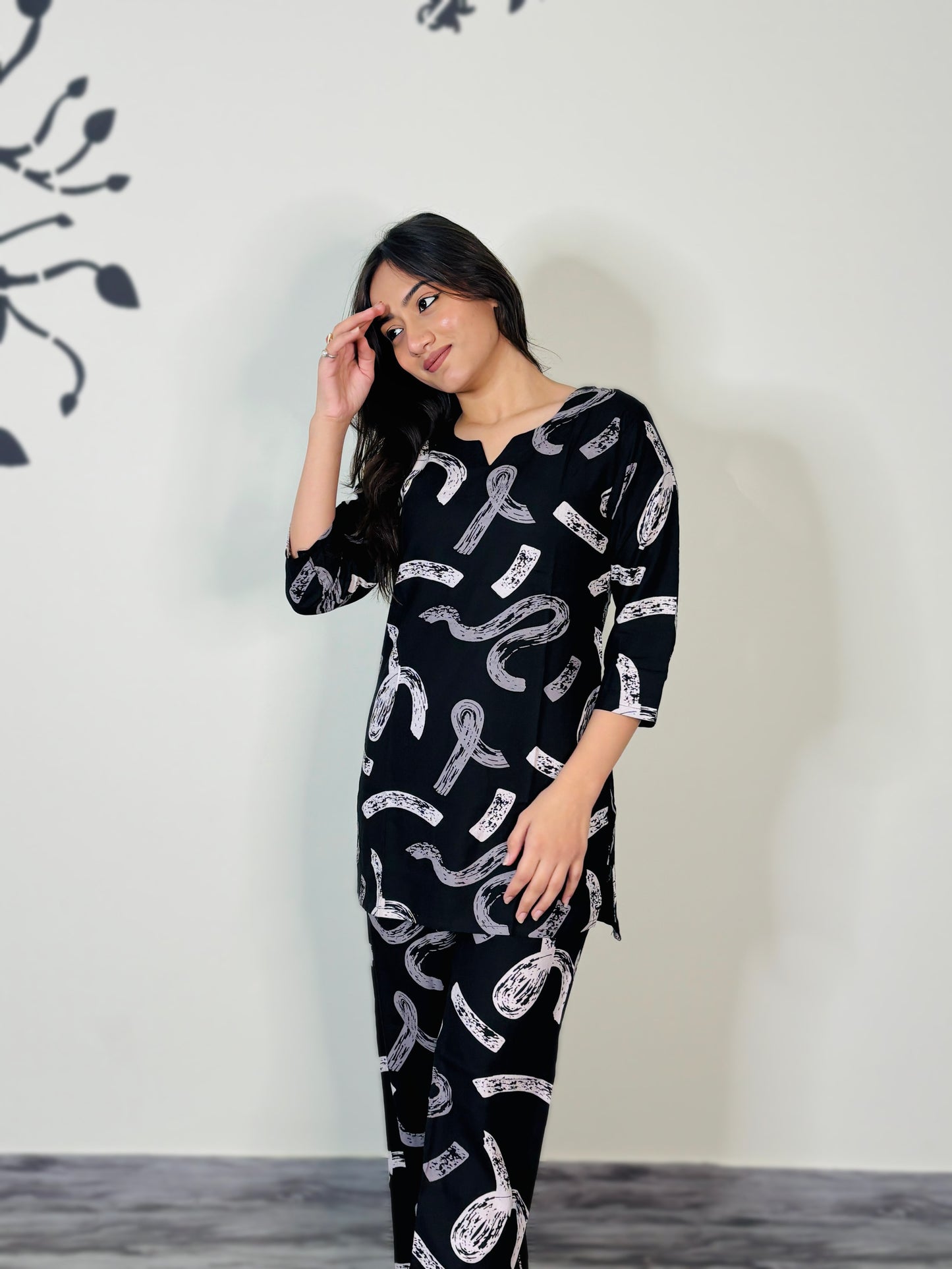 BLACK GEOMETRIC PRINT RAYON CO-ORD SET