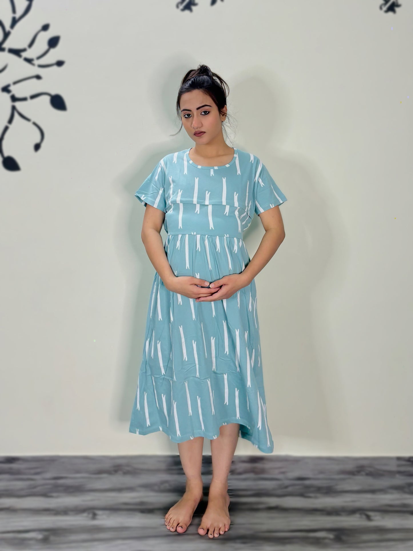 SKY BLUE STRIPES MATERNITY GOWN