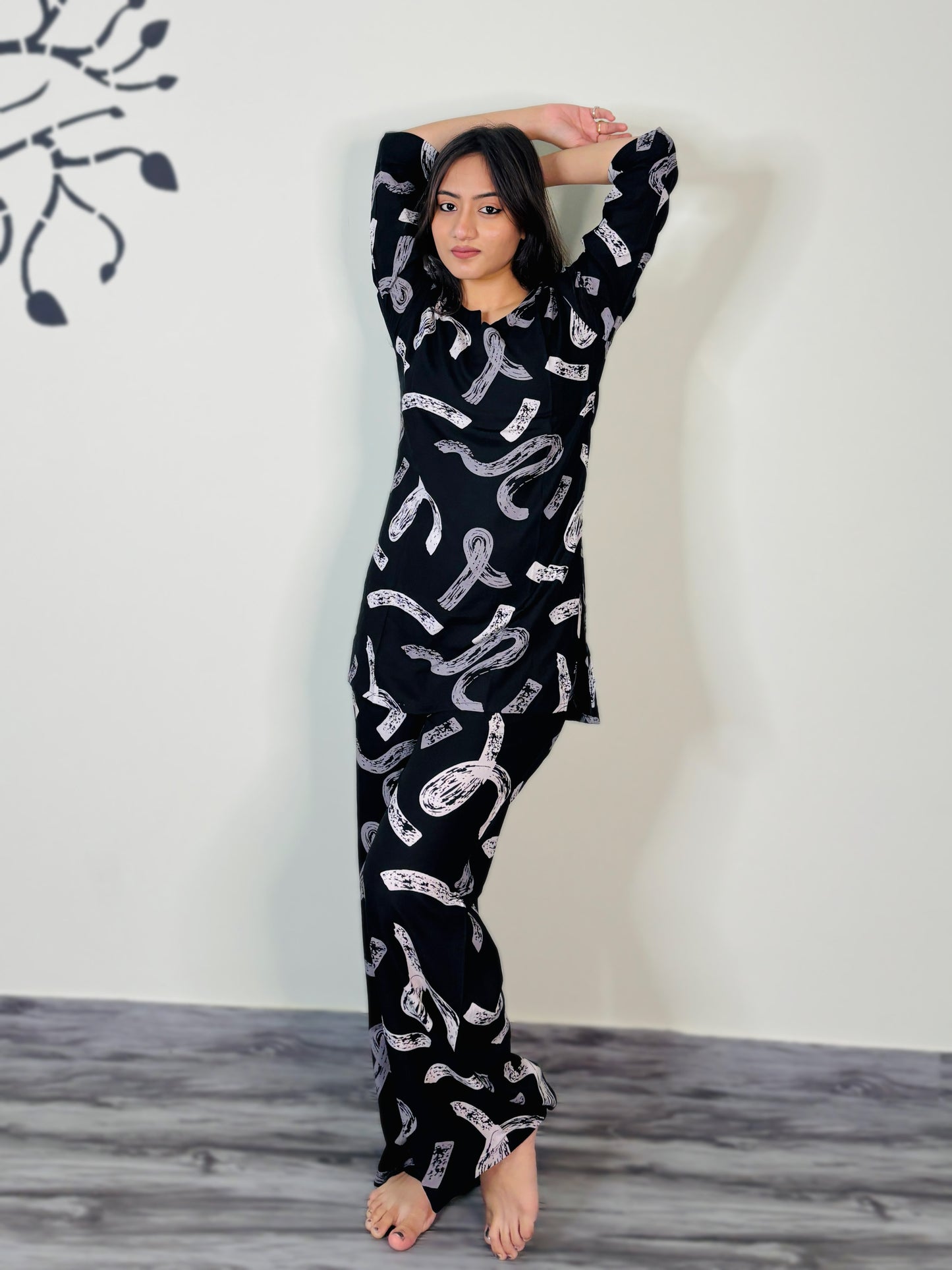 BLACK GEOMETRIC PRINT RAYON CO-ORD SET