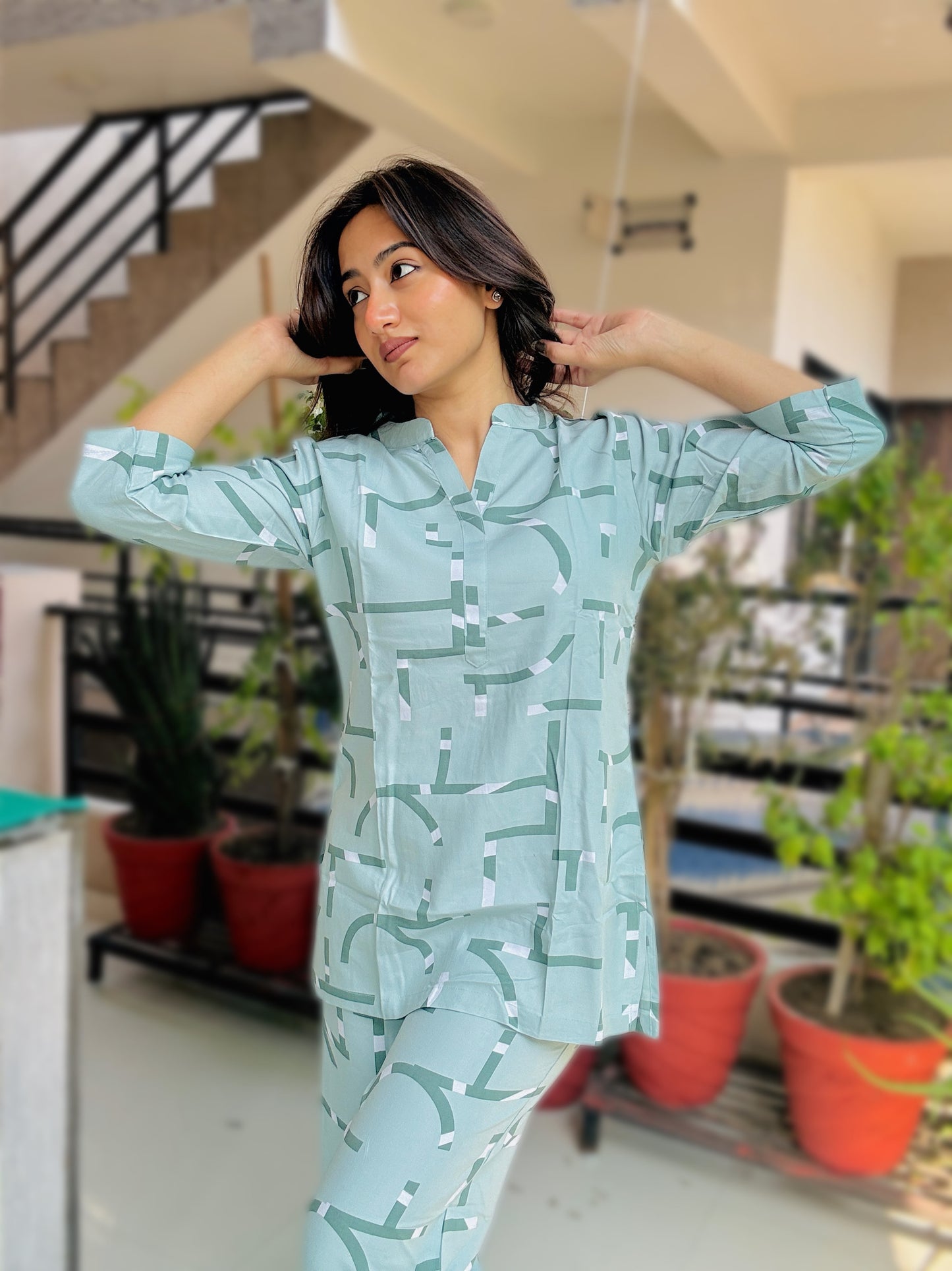 PASTEL GREEN GEOMETRIC PRINT RAYON CO-ORD SET