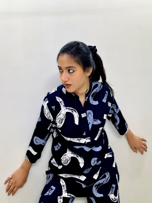 DARK NAVY GEOMETRIC PRINT RAYON CO-ORD SET