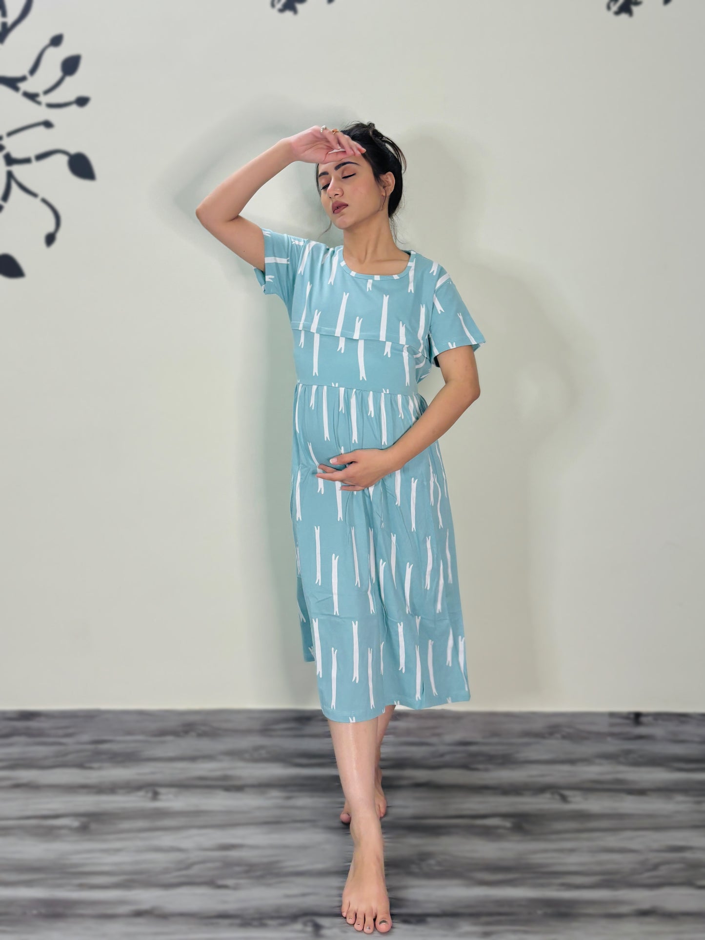 SKY BLUE STRIPES MATERNITY GOWN
