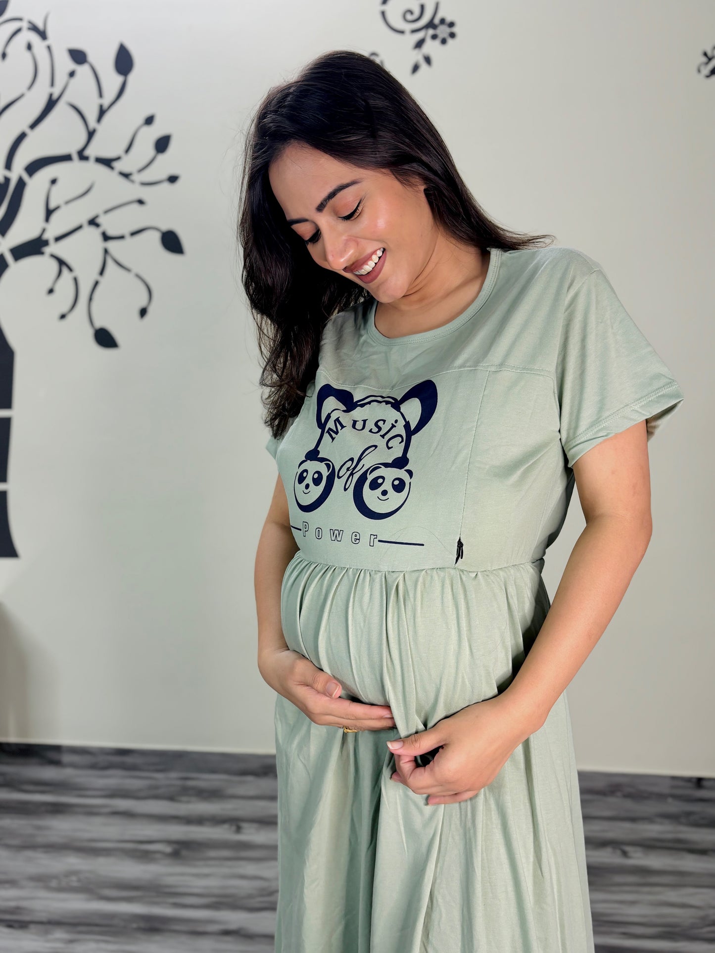 PASTEL GREEN MUSIC MATERNITY GOWN