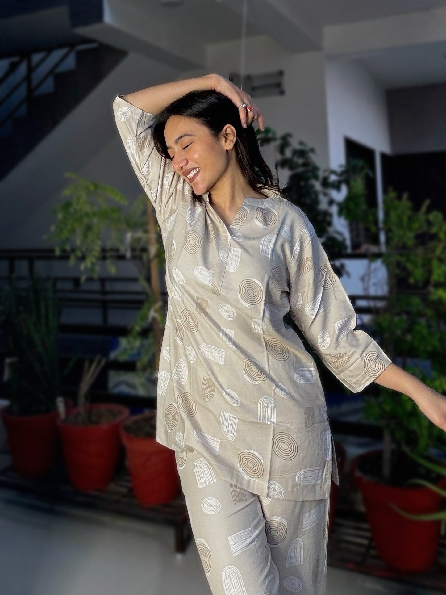 PASTEL CHICKOO GEOMETRIC PRINT RAYON CO-ORD SET