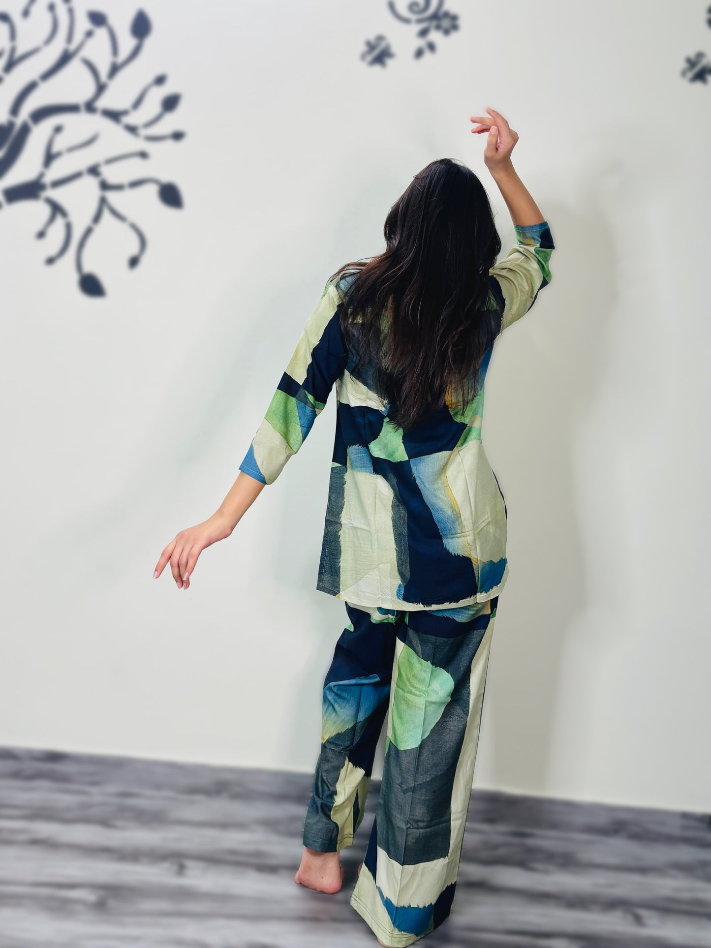 DIGITAL BOTTLE GREEN GEOMETRIC PRINT RAYON CO-ORD SET