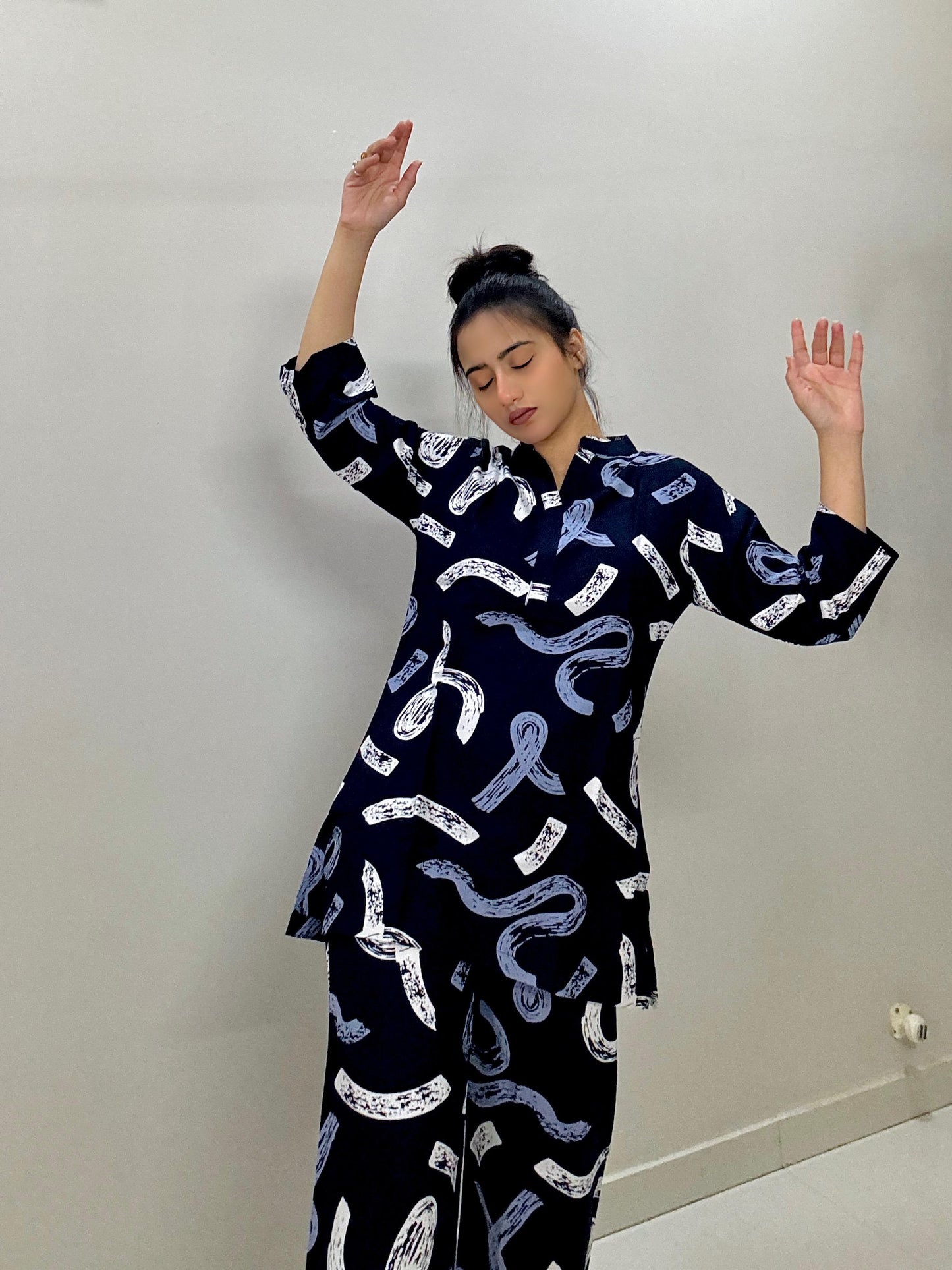 DARK NAVY GEOMETRIC PRINT RAYON CO-ORD SET