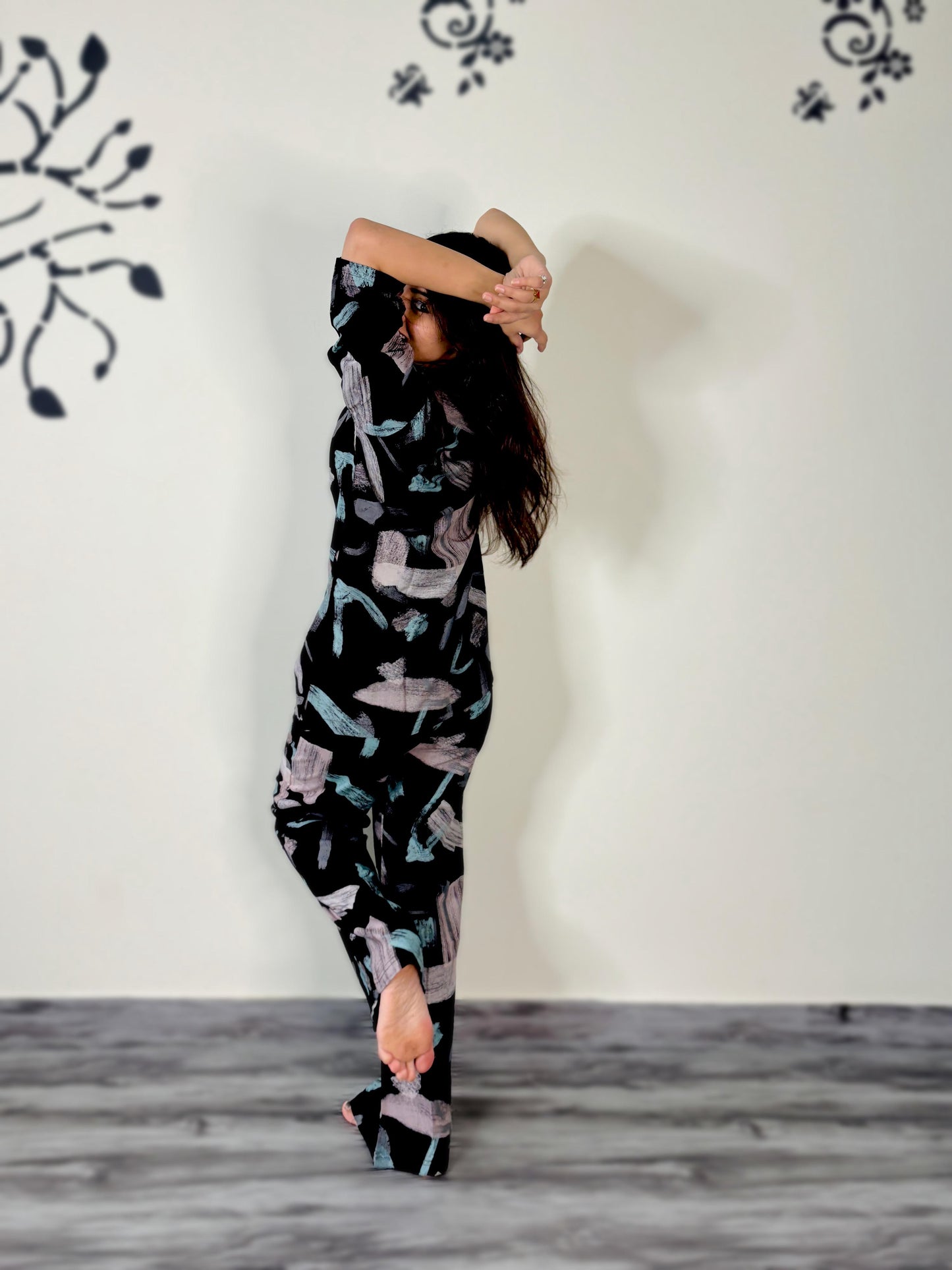 BLACK BRUSH PRINT RAYON CO-ORD SET