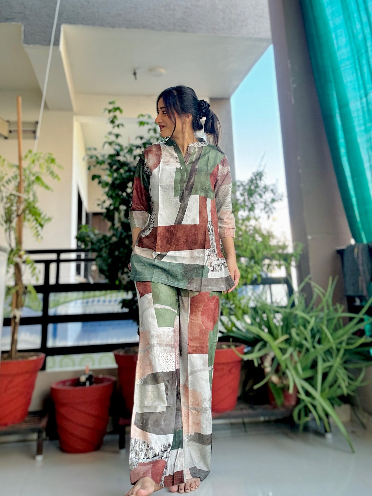 DIGITAL GREEN GEOMETRIC PRINT RAYON CO-ORD SET