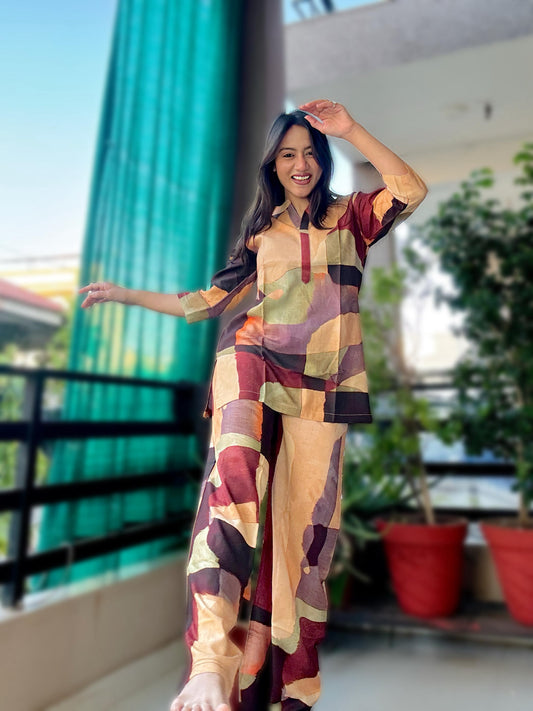DIGITAL BROWN GEOMETRIC PRINT RAYON CO-ORD SET