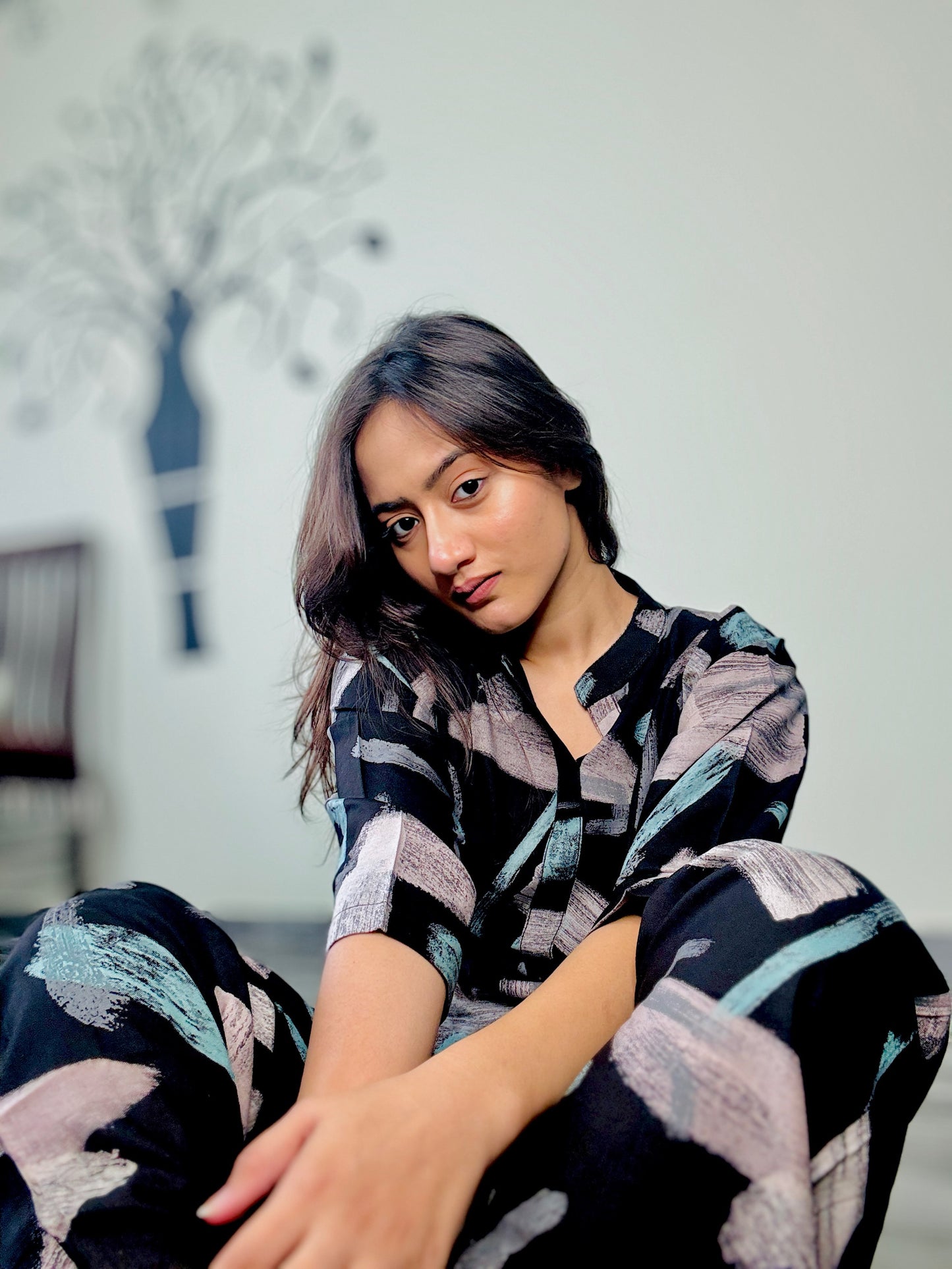 BLACK BRUSH PRINT RAYON CO-ORD SET