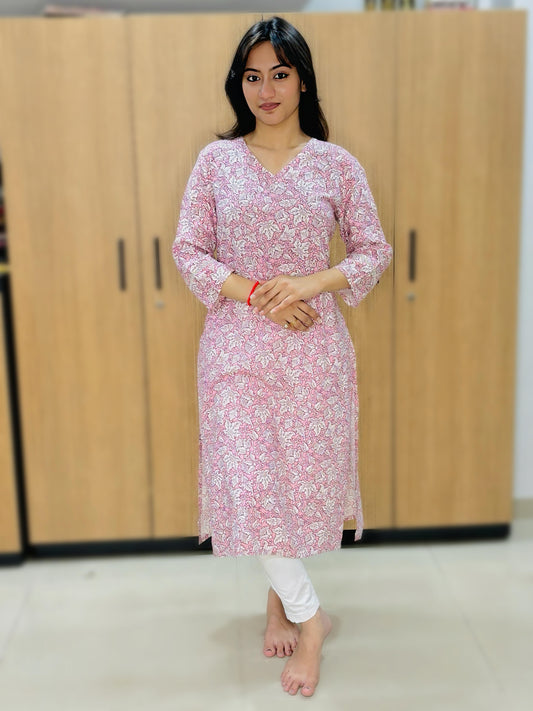 BABY PINK WHITE LEAF RAYON KURTI (Only Kurti)