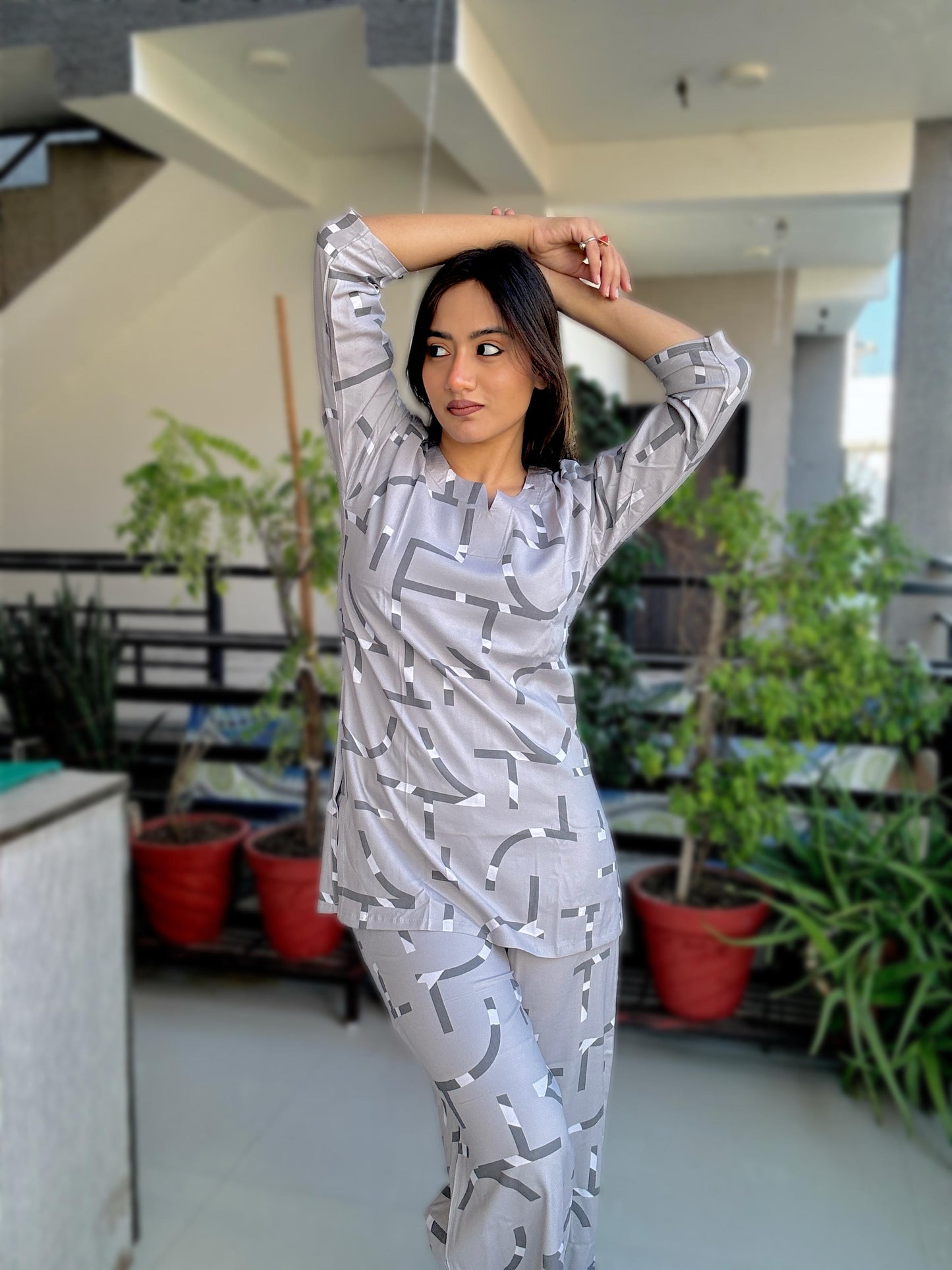 PASTEL ASH GEOMETRIC PRINT RAYON CO-ORD SET
