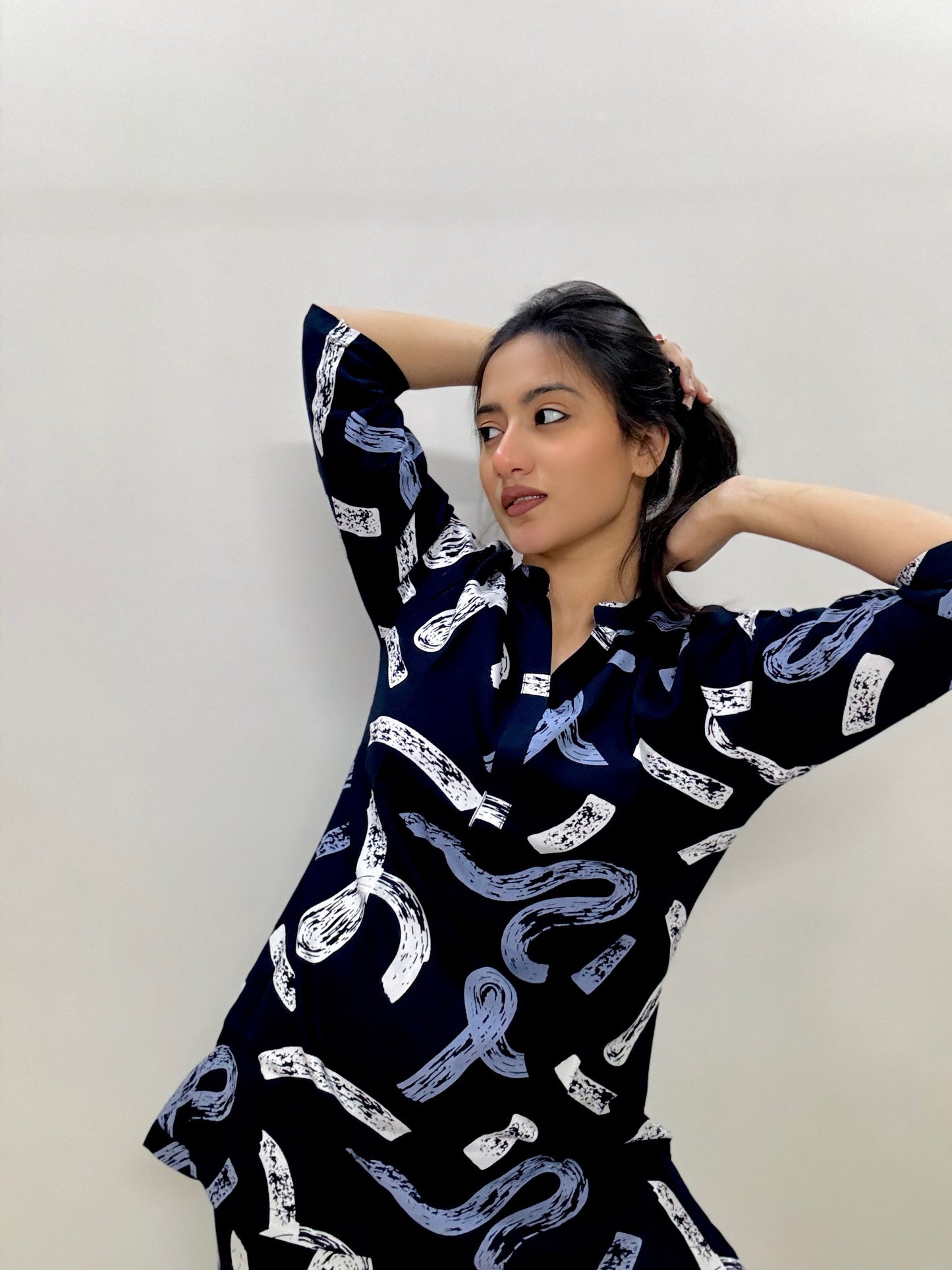 DARK NAVY GEOMETRIC PRINT RAYON CO-ORD SET