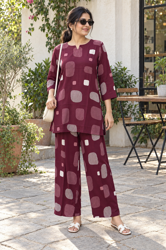 MAROON BLOCK RHYTHAM RAYON CO-ORD SET