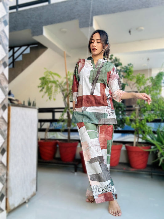 DIGITAL GREEN GEOMETRIC PRINT RAYON CO-ORD SET