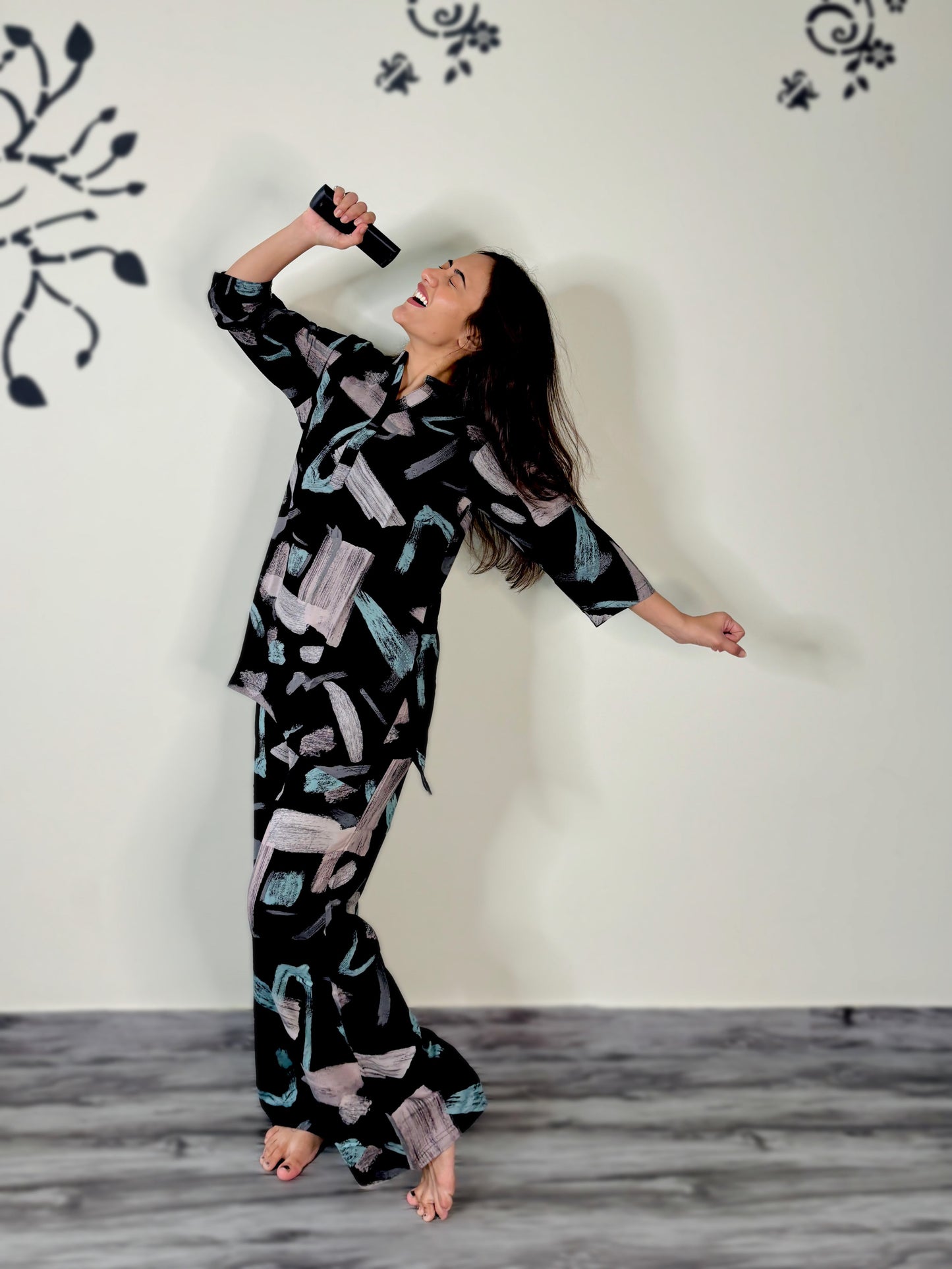 BLACK BRUSH PRINT RAYON CO-ORD SET