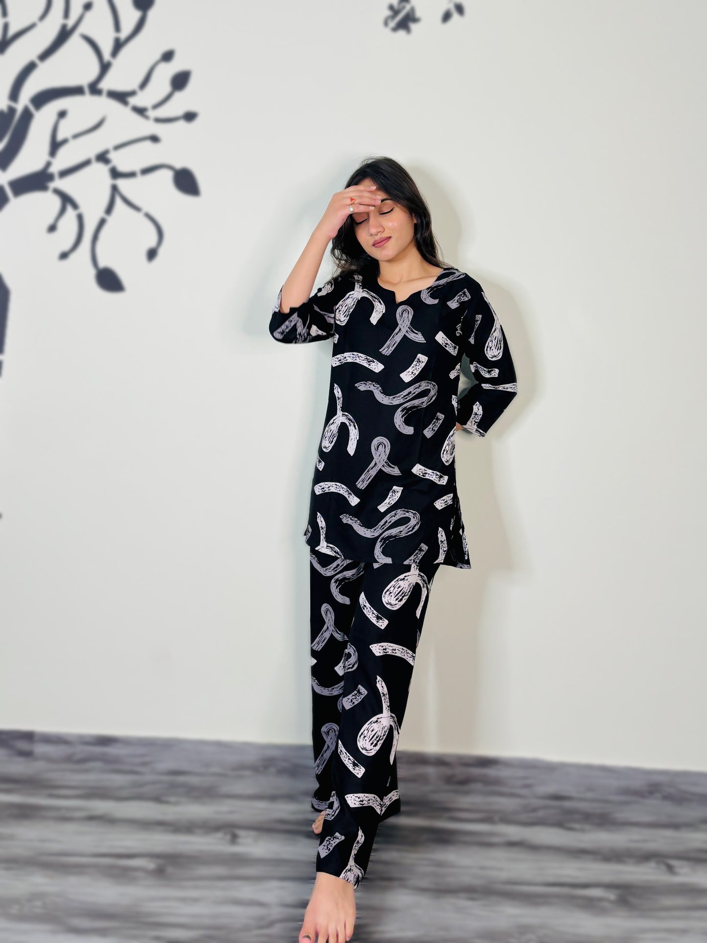 BLACK GEOMETRIC PRINT RAYON CO-ORD SET