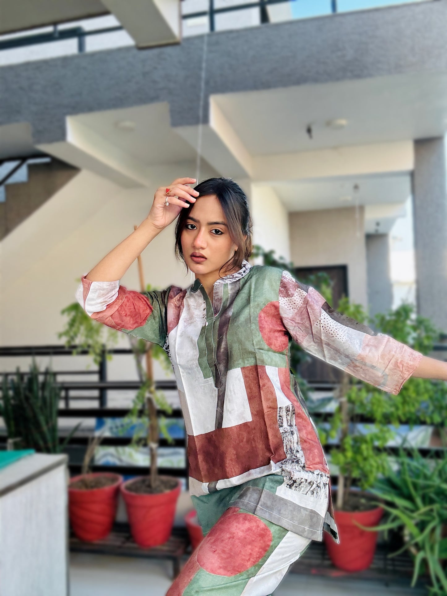 DIGITAL GREEN GEOMETRIC PRINT RAYON CO-ORD SET