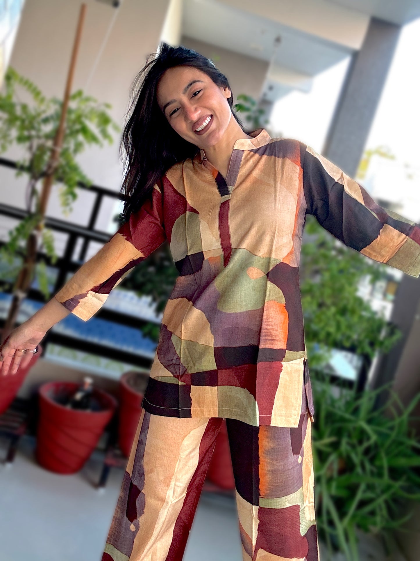 DIGITAL BROWN GEOMETRIC PRINT RAYON CO-ORD SET