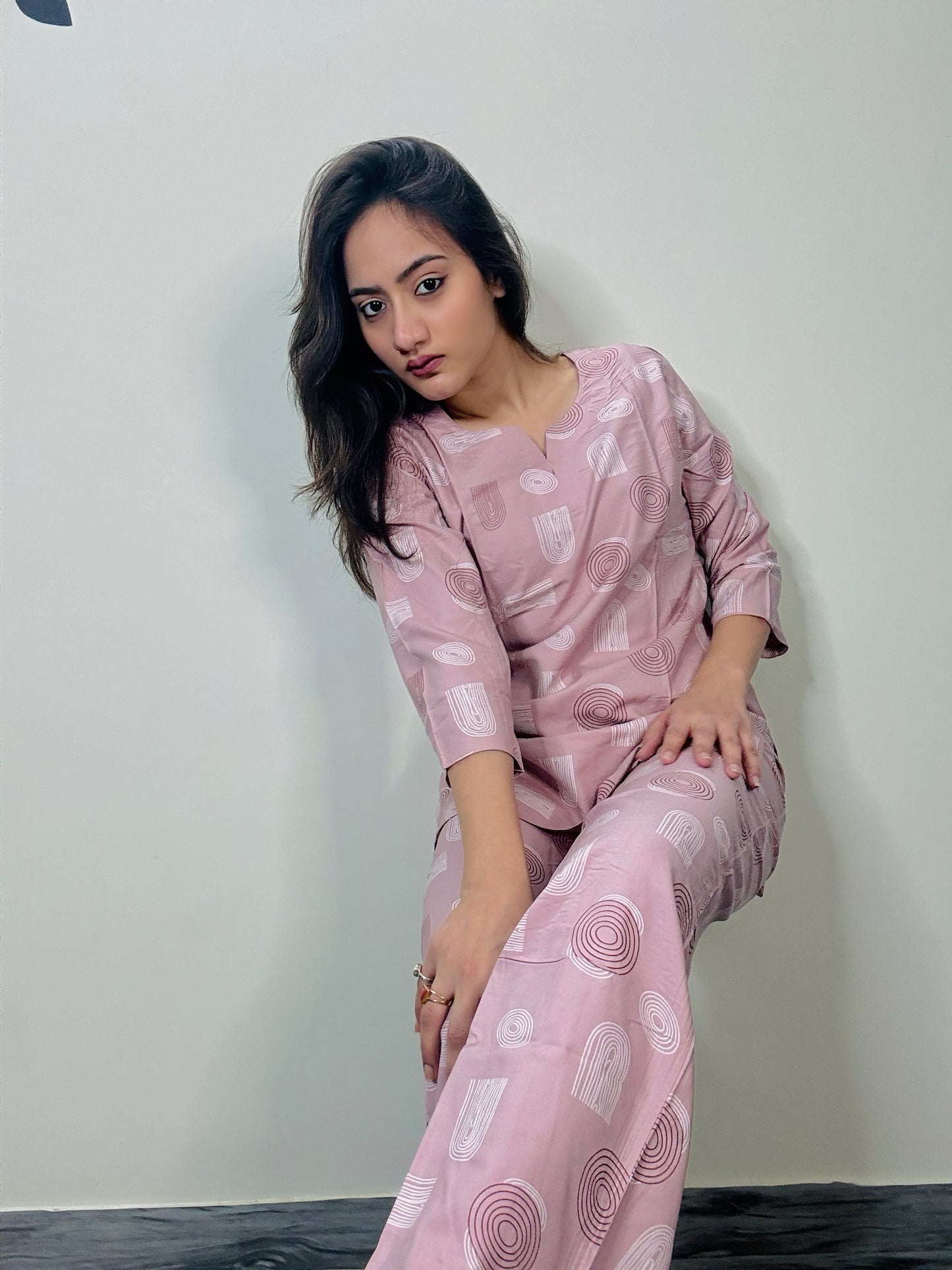 PASTEL PINK GEOMETRIC PRINT RAYON CO-ORD SET